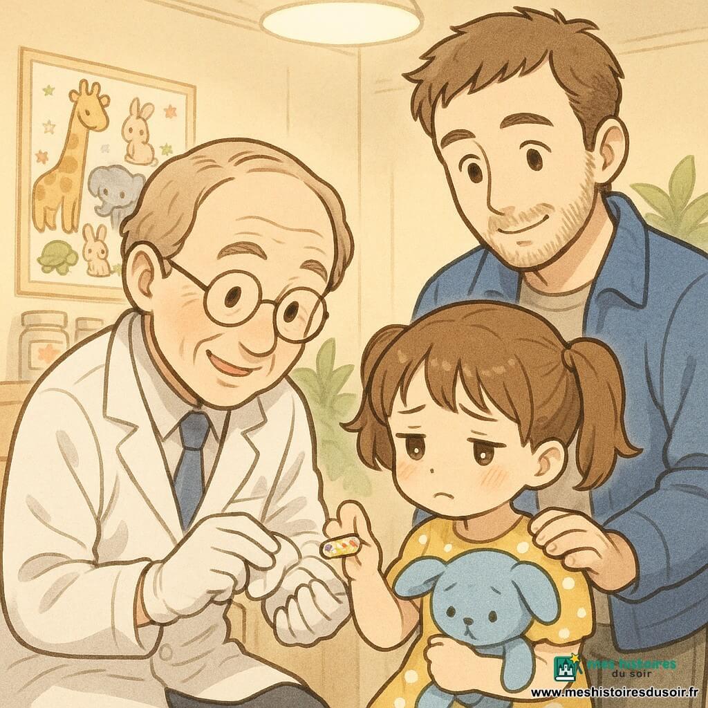 Un médecin adulte souriant mais concentré, lunettes rondes et blouse blanche, nettoie doucement une petite coupure au doigt d’une fillette d’environ 4 ans aux couettes et robe jaune à pois, qui tient un doudou bleu et paraît apaisée; le père, 30–40 ans, barbe légère et veste bleue, se tient derrière elle, main sur l’épaule, sourire rassurant; scène dans une petite clinique chaleureuse aux tons pastel avec affiche d’animaux, étagère à pansements et lampe douce.