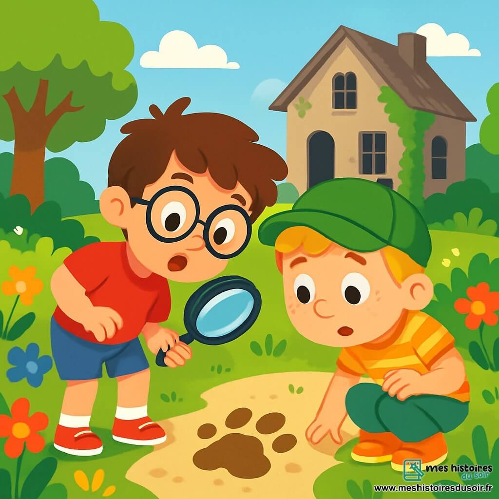 Léo et Tom, deux garçons de 7 ans, découvrent une étrange trace de patte dans un jardin verdoyant. Léo, avec ses cheveux bruns en bataille et ses lunettes rondes, porte un t-shirt rouge et un short bleu, tandis que Tom, aux cheveux blonds et aux taches de rousseur, est en casquette verte et t-shirt à rayures. Ils sont intrigués par la trace qui mène à une vieille maison abandonnée, entourée de fleurs colorées et d'arbres majestueux, prêts à enquêter sous un ciel bleu.
