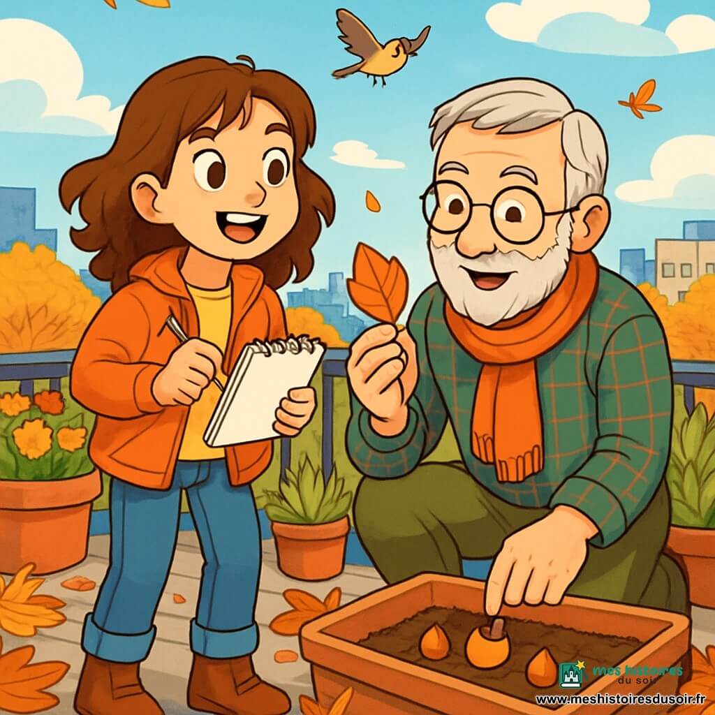 Lila, une fille de 12 ans aux cheveux châtains ondulés et aux yeux curieux, se tient sur un toit végétalisé entouré de feuilles d'automne colorées. Elle porte une veste légère et des bottines en cuir, rayonnante d'excitation avec un carnet et un crayon à la main, prête à dessiner la nature. À ses côtés, Monsieur Amiel, un homme d'environ 60 ans avec une barbe grisonnante et des lunettes rondes, observe une feuille avec bienveillance, vêtu d'une chemise à carreaux et d'un foulard orange. Le jardin suspendu est rempli de pots de fleurs et offre une vue sur la ville. Lila et Monsieur Amiel plantent des bulbes de tulipes, entourés de feuilles tombées, tandis que des oiseaux volent au-dessus d'eux. Lila explique la plantation à Monsieur Amiel, créant une atmosphère d'apprentissage et de partage.