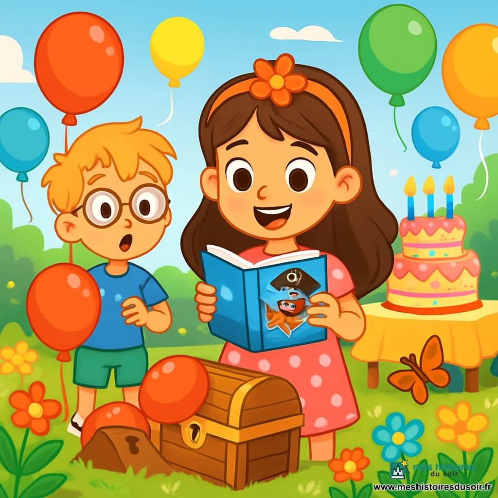 Deux personnages principaux : Louise, une fille de 8 ans aux longs cheveux bruns et aux yeux pétillants, porte une robe rose à pois blancs et un serre-tête fleuri. Elle se tient au centre d'un jardin, souriante, avec un livre d'histoires de pirates. Tom, un garçon de 8 ans aux cheveux blonds en bataille et lunettes rondes, est à gauche de Louise, tenant un ballon rouge brillant, surpris. La scène se déroule dans un jardin ensoleillé, rempli de fleurs colorées, de ballons et d'une table avec un gâteau d'anniversaire décoré de bougies. Louise et Tom découvrent un coffre en bois caché sous un ballon rouge, entourés d'une ambiance joyeuse avec des enfants qui s'amusent.