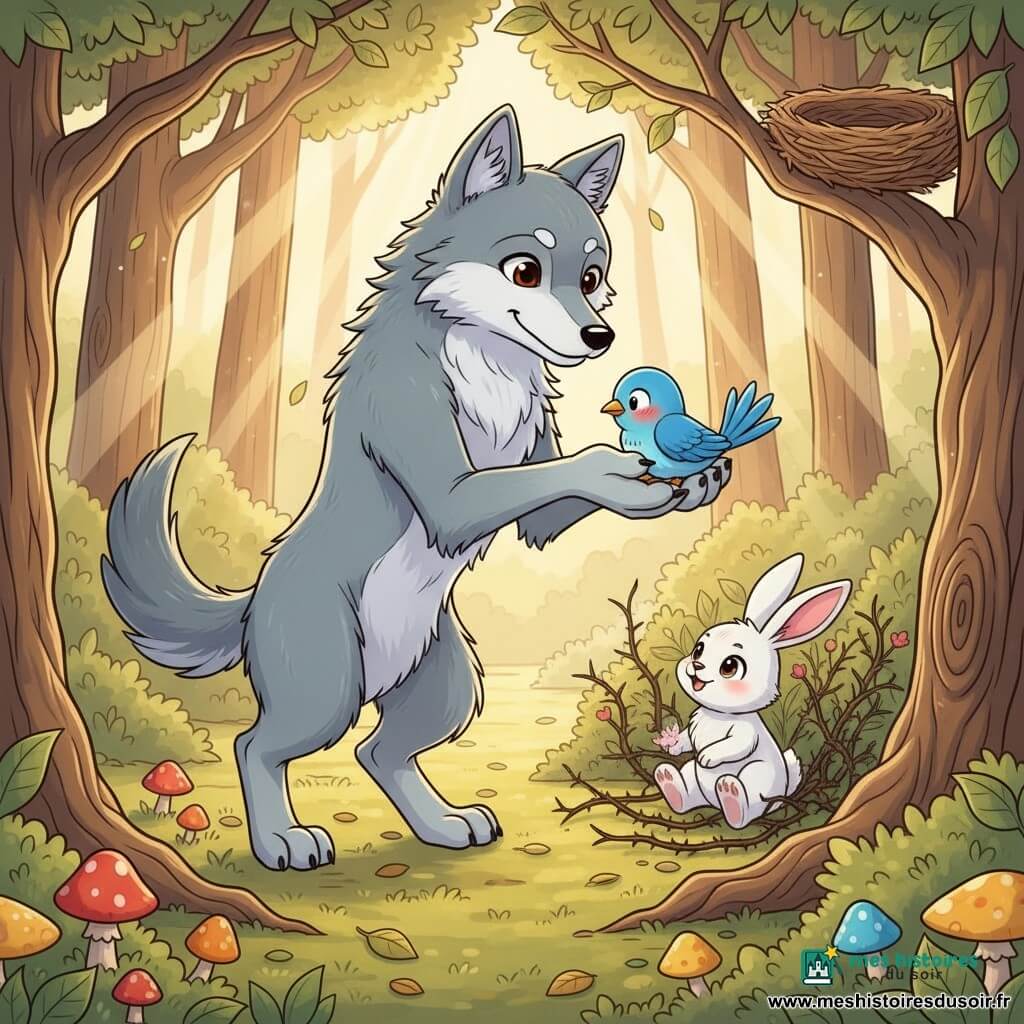 Un grand loup gris au pelage doux, aux traits arrondis, yeux marron chaleureux et sourire timide, se tient sur ses pattes arrière et tend une patte pour aider ; un petit lapin blanc aux grandes oreilles roses et sourire reconnaissant sort d’un buisson d’épines à ses pieds, tandis qu’un oiseau bleu vif repose dans les mains du loup, prêt à être remis dans un nid visible sur une branche droite au-dessus ; la scène se déroule dans une clairière ensoleillée d’une grande forêt aux feuilles dorées, mousse verte et champignons colorés, ambiance chaleureuse et bienveillante, couleurs pastel vibrantes et style manga pour enfants.