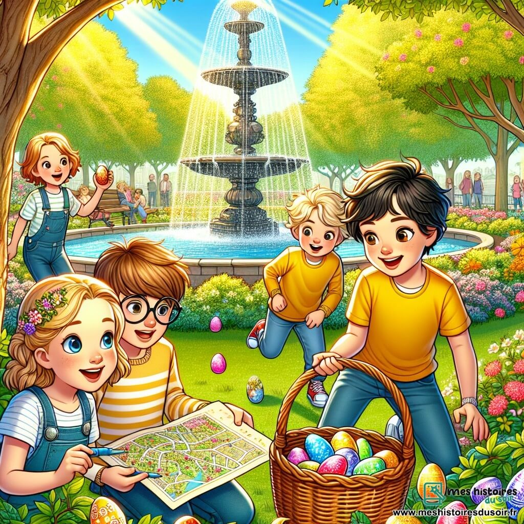 Dans un parc ensoleillé, quatre enfants participent à une chasse aux œufs de Pâques. Antoine, douze ans, avec des cheveux châtains et des lunettes, tient un panier plein d'œufs colorés et sourit avec enthousiasme. Lucas, onze ans, blond en bataille, montre une carte à Antoine avec détermination. Léa, dix ans, cheveux bruns tressés et t-shirt jaune, observe les alentours avec curiosité. Hugo, neuf ans, aux lunettes rondes et cheveux noirs, examine un œuf en chocolat près d'un buisson. Le parc est fleuri, avec des arbres majestueux et une fontaine scintillante. Les enfants cherchent un œuf géant caché, entourés d'une atmosphère de mystère et de joie.