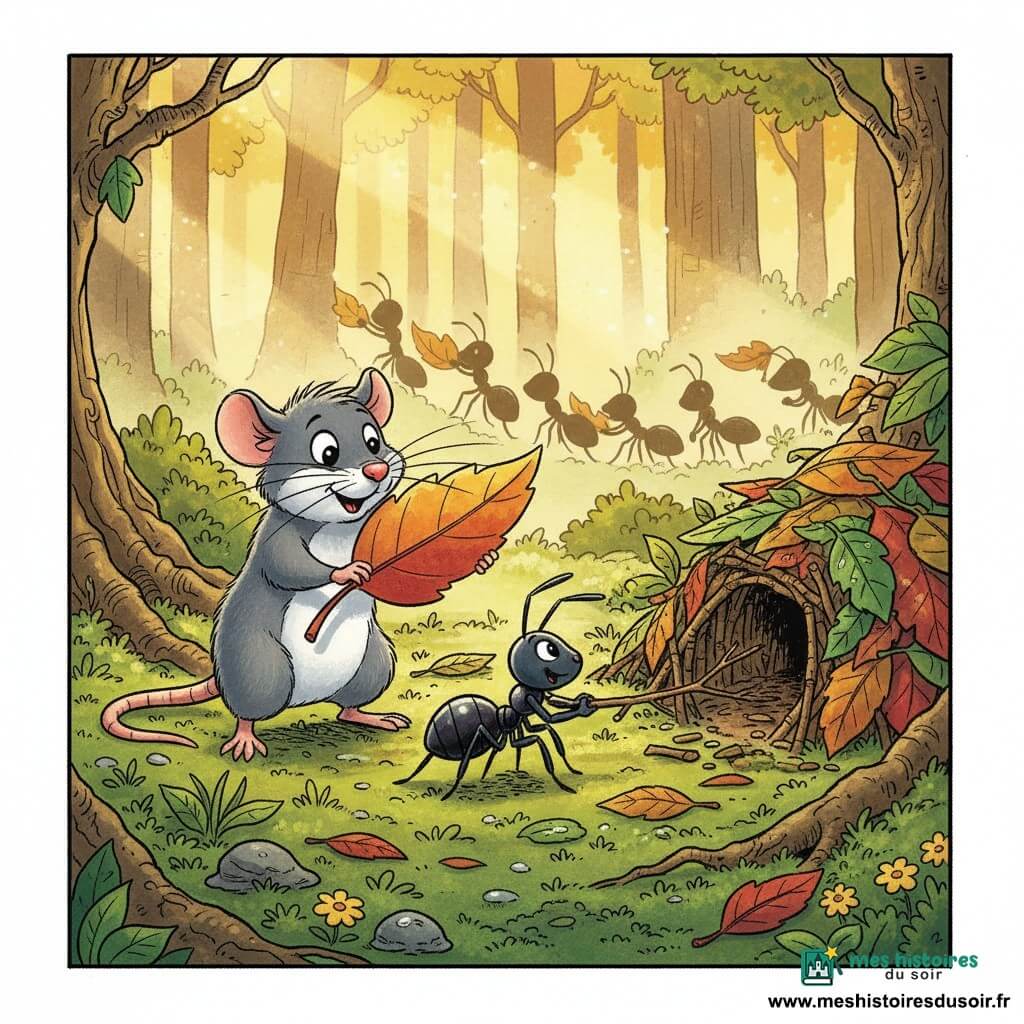 Un petit rat nommé Rémi, aux yeux ronds et pelage gris avec une tache blanche, se tient debout portant une feuille plus grande que lui, tandis qu’une petite fourmi noire, Félicité, tire une brindille vers l’entrée d’une fourmilière qu’ils construisent ensemble ; en arrière-plan d’autres fourmis forment une chaîne, le tout sur un tapis de mousse matinal dans une forêt enchantée baignée de rosée et de rayons de soleil, rendu en style clair, couleurs vives, contours nets et expressions enfantines.