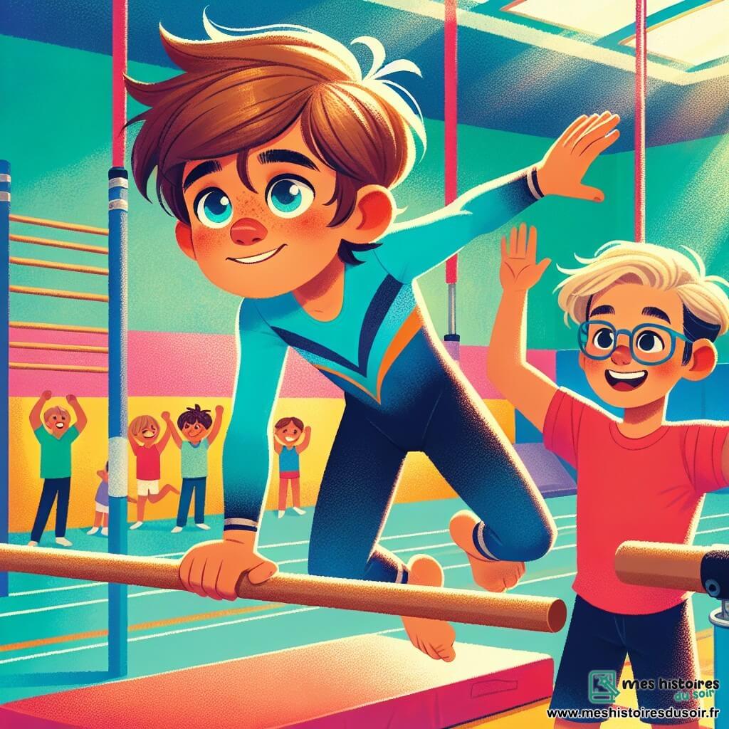 Un garçon de 10 ans, Maxime, avec des cheveux bruns en bataille et des yeux déterminés, réalise un mouvement acrobatique sur une barre fixe dans un gymnase coloré. Il porte un justaucorps bleu vif qui met en valeur sa silhouette athlétique. Son visage exprime concentration et joie alors qu'il s'apprête à exécuter une figure impressionnante. À proximité, Jules, un garçon aux cheveux blonds et aux lunettes rondes, l'encourage avec un sourire, les bras levés, vêtu d'un t-shirt rouge et d'un short noir. Le gymnase est coloré, avec des tapis moelleux et des barres parallèles en bois, tandis que des parents et amis applaudissent, créant une atmosphère festive. Maxime, prêt à réaliser un saut périlleux, illustre son courage et sa passion pour la gymnastique, entouré de camarades et de supporters.