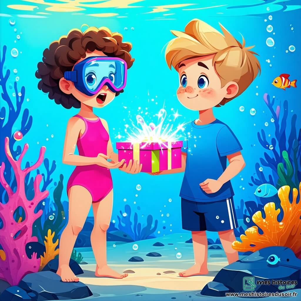 Deux personnages principaux : Zoé, une fille de 10 ans aux cheveux bouclés et bruns, en maillot de bain rose et masque de plongée, émerveillée par les merveilles sous-marines ; et Théo, un garçon de 10 ans avec des cheveux blonds en bataille, en t-shirt bleu et short de bain, tenant une boîte scintillante et souriant à Zoé. L'action se déroule dans une caverne sous-marine magique, remplie de coraux colorés et de poissons argentés, avec des méduses translucides flottant autour. Ils découvrent la boîte magique dans cette aventure incroyable entourée de créatures marines curieuses.