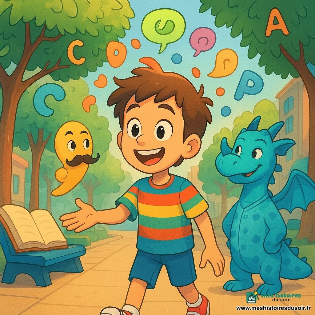 Un garçon de 10 ans, Lucas, est au centre de l'image avec des cheveux bruns ébouriffés et un grand sourire. Il porte un t-shirt rayé coloré et des baskets rouges. Il tend la main vers des mots flottants autour de lui. À côté, un point-virgule anthropomorphique avec des moustaches frisées et une expression malicieuse flotte à sa hauteur. Un dragon en pyjama bleu à pois est derrière Lucas, avec un sourire espiègle. Le décor est un boulevard fantastique avec des bancs en forme de livres ouverts et des arbres dont les feuilles sont des lettres. Des phrases colorées flottent dans l'air comme des ballons. La scène montre Lucas et ses amis mots et créatures en train de rire et de jouer au milieu de ce boulevard magique.