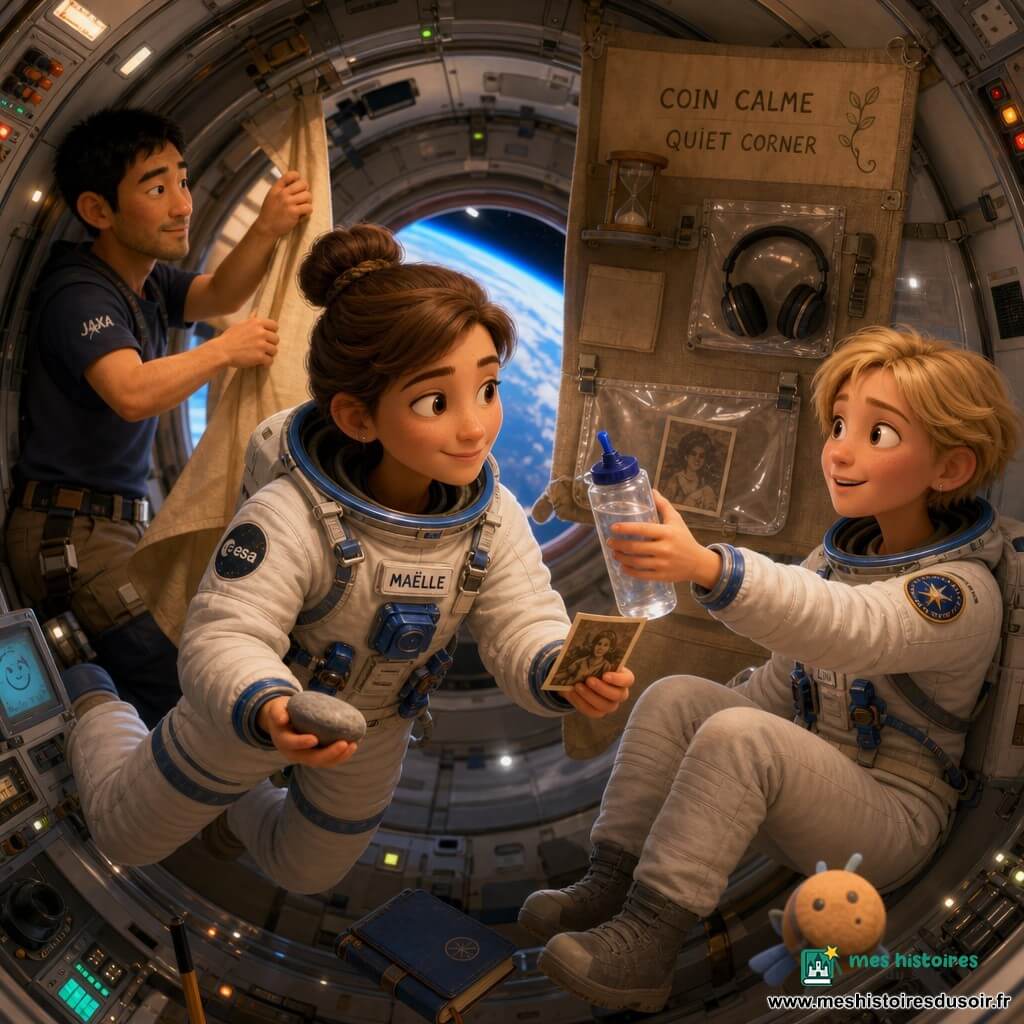 Maëlle, astronaute au visage serein et concentré, sourit doucement ; elle porte une combinaison spatiale blanche à attaches bleues, cheveux bruns en chignon, tenant une petite pierre lisse grise dans une main et une photo cornée dans l'autre, flottant en apesanteur. À sa droite, Lina, jeune femme d'environ 20 ans aux cheveux blonds courts, regard à la fois excité et timide, est assise en flottant et tend une gourde attachée vers Maëlle. En arrière-plan gauche, Kenji, homme d'une quarantaine d'années aux cheveux noirs courts et à l'expression calme et bienveillante, observe doucement le rideau du renfoncement, prêt à aider. L'intérieur du module spatial est rond et compact : parois métalliques claires, panneaux de contrôle à voyants colorés, sangles et pochettes transparentes, petit hublot montrant l'arc bleu de la Terre et un rideau textile beige fixé à une structure. La scène montre l'aménagement d'un « coin tranquille » près du hublot avec un petit sablier attaché, un casque audio en pochette, une poche plastique pour la photo et des objets personnels flottant doucement ; l'ambiance est lumineuse, douce et chaleureuse, contrastant le métal froid et les textures textiles confortables.