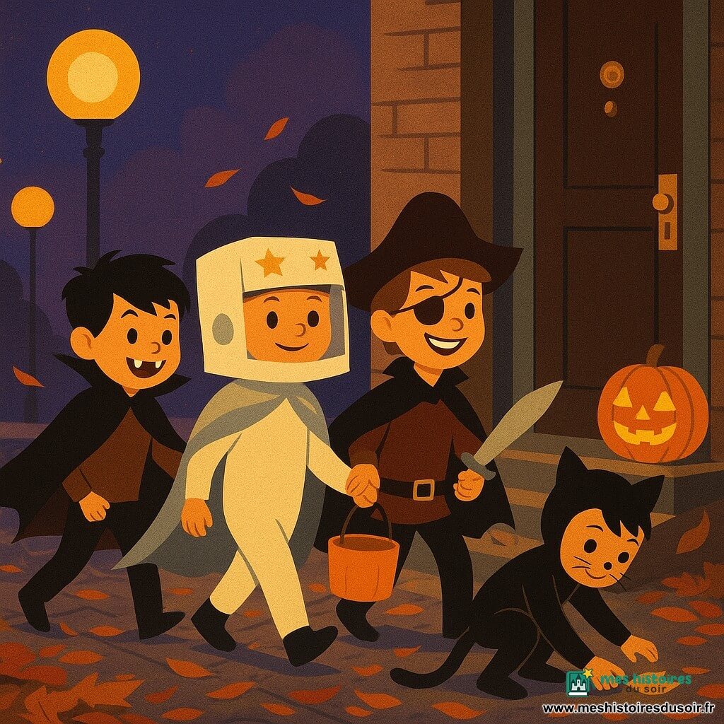 Quatre enfants : Léo, 5 ans, grand, casque d’astronaute en carton et cape argentée, au centre-gauche en avant ; Milo, 4 ans, petit vampire à cape noire, à gauche de Léo faisant un pas en arrière ; Sam, 5 ans, pirate malicieux avec chapeau trop grand et sabre en plastique, à droite de Léo penché vers un seau à bonbons ; Nino, 4 ans, chat noir accroupi tout à droite ramassant une feuille brillante. Ils se tiennent dans une rue pavée de quartier sous un ciel crépusculaire violet-bleu, lampadaires ronds projetant des cercles dorés sur le trottoir humide, une allée couverte de feuilles orange, rouges et brunes, devant une maison ancienne avec une vieille sonnette en laiton et une citrouille-lanterne dont la flamme clignote. Les quatre enfants sonnent à la porte où l’on peut lire DING DONG… si tu oses (gentiment) !, créant une atmosphère à la fois drôle et mystérieuse : capes qui bougent, feuilles qui tourbillonnent, éclairages chauds des lampadaires et orange de la citrouille contrastant avec le ciel violet.