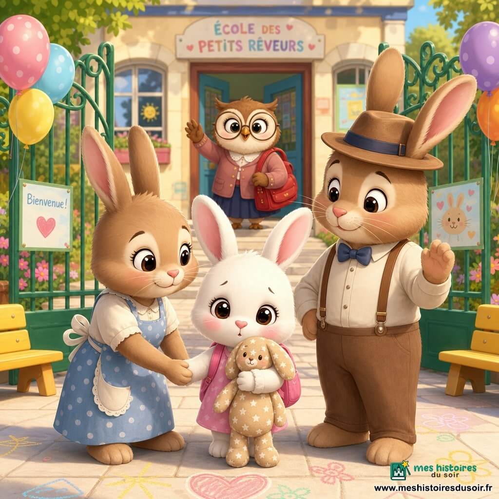 Noisette, un petit lapin blanc aux grandes oreilles roses tenant un doudou beige à étoiles, affiche une expression timide mais déterminée ; sa mère, une lapine brune en tablier à pois bleu, lui tient la main à gauche, son père, grand et chapeauté, l'encourage à droite ; derrière eux, la maîtresse chouette aux lunettes rondes et au cartable rouge agite la main près de la porte de la classe ; la scène se déroule dans la cour d'école avec une grille verte ouverte, dalles claires, bancs jaunes, dessins à la craie et ballons au portail, ambiance matin ensoleillé aux couleurs pastel et lumière douce.