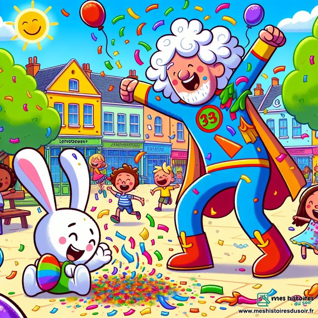 Zozo, une super-héroïne joyeuse, porte une cape arc-en-ciel et sourit largement. Elle a des cheveux bouclés et colorés, riant aux éclats, entourée de confettis. À ses côtés, Bidouille, un petit lapin magique aux grandes oreilles, fait un saut périlleux, son pelage blanc brillant au milieu des confettis. En arrière-plan, Ronchon, un homme bougon, lutte contre des confettis collants, tandis que Grincheux, un garçon de 10 ans, rit malgré son air renfrogné. La scène se déroule dans une petite ville ensoleillée, avec des enfants jouant et des ballons flottant dans le ciel. Zozo et Bidouille transforment le chaos en une fête joyeuse pleine de rires et de couleurs.