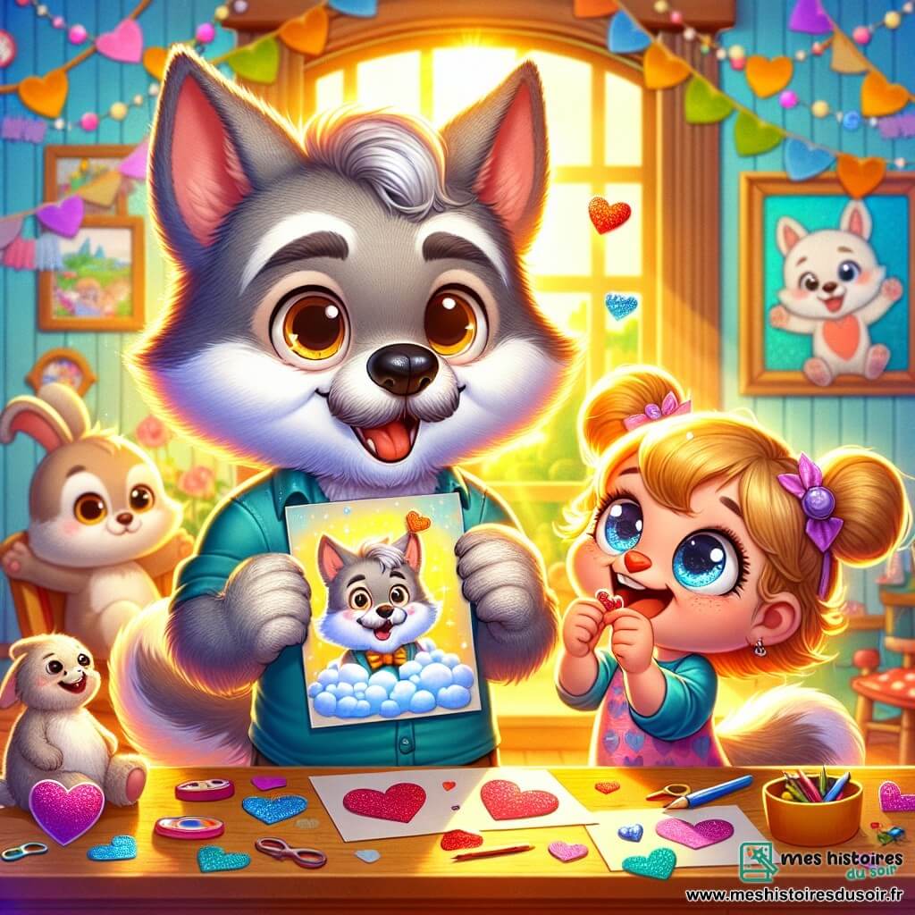 Petit Loup, un jeune loup aux grandes oreilles et au pelage doux et gris, est au centre de la pièce avec un grand sourire. Il tient un dessin coloré de son papa avec une moustache en nuage et des lunettes en bonbons. À ses côtés, Petite Louve, sa grande sœur aux yeux pétillants et au pelage brun clair, colle des cœurs en papier sur une carte, visiblement enthousiaste. Doudou Lapin, un lapin en peluche blanc, est assis sur la table, observant la scène. La cuisine est chaleureuse, décorée de guirlandes colorées et de dessins, avec la lumière du matin filtrant à travers la fenêtre. Petit Loup et Petite Louve préparent une surprise joyeuse pour la fête des pères, entourés de couleurs vives et de rires.
