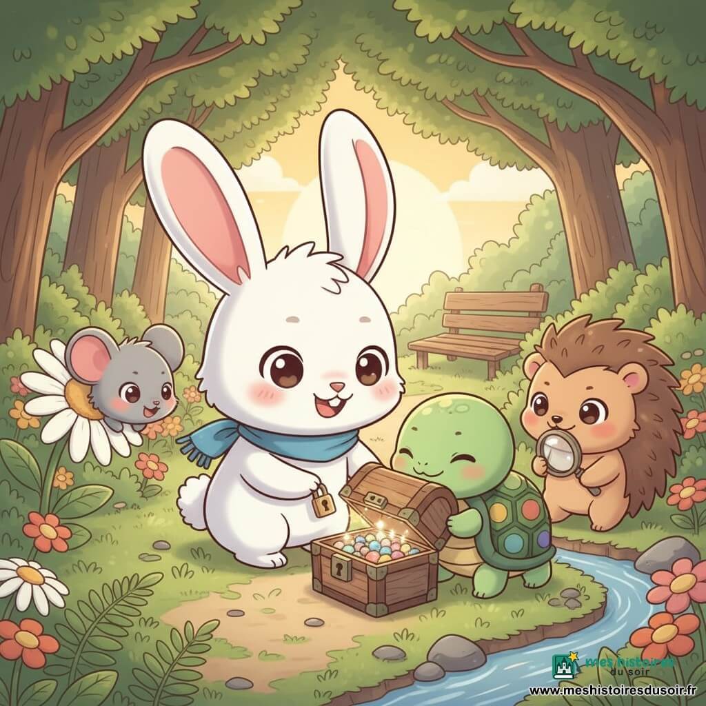 Léo le lapin blanc aux grandes oreilles roses, écharpe bleue, souriant et accroupi en train d'insérer une petite clé dorée dans un cadenas; Mimi la petite souris grise aux joues roses, curieuse, penchée entre des pétales de marguerite à gauche; Toto le hérisson brun aux piquants stylisés, enthousiaste, tenant une loupe près d'un ruisseau à droite; Lou la tortue verte au dos rond et carapace colorée, sereine, ouvrant délicatement le couvercle d'une petite boîte en bois qui révèle des pierres colorées scintillantes; décor : sentier secret du parc bordé de fleurs et de fougères sous une voûte d'arbres, lumière douce de coucher de soleil, ambiance chaleureuse et émerveillée, tons pastel, style mignon aux contours nets.
