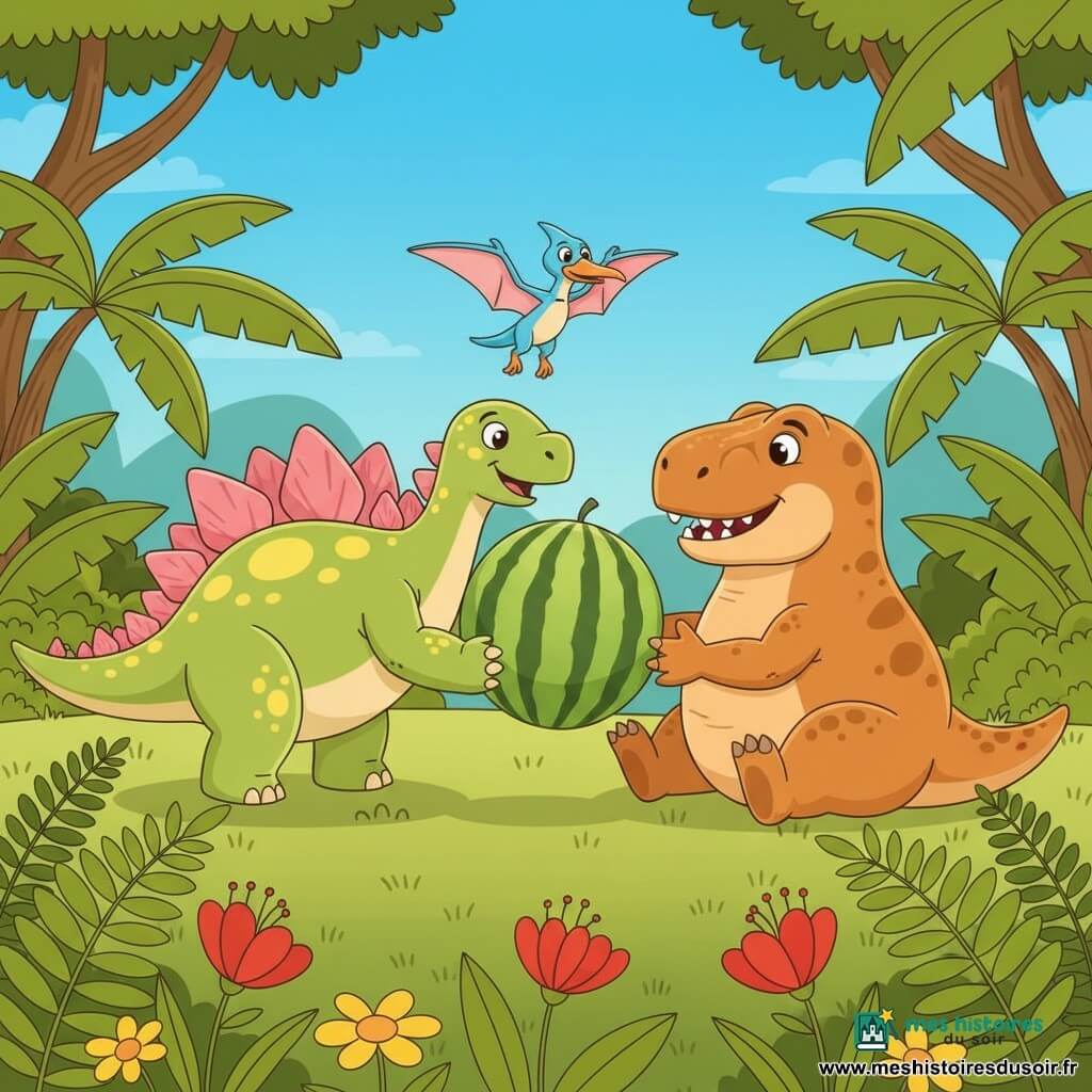 Stégosaure souriant et fier, peau vert clair à taches jaunes et grandes plaques rosées, pousse une grosse pastèque rayée avec ses pattes robustes; petit pteranodon bleu ciel aux ailes déployées et bec orange vole au-dessus en pointant la pastèque; gros tyrannosaure rond et sympathique, peau brun-orangé et dents arrondies, assis à droite les mains ouvertes, expression reconnaissante; scène dans une clairière préhistorique ensoleillée avec herbe, fougères et palmiers, fleurs colorées, collines douces et ciel bleu; composition centrée et accueillante, ambiance joyeuse, couleurs vives et formes simples.