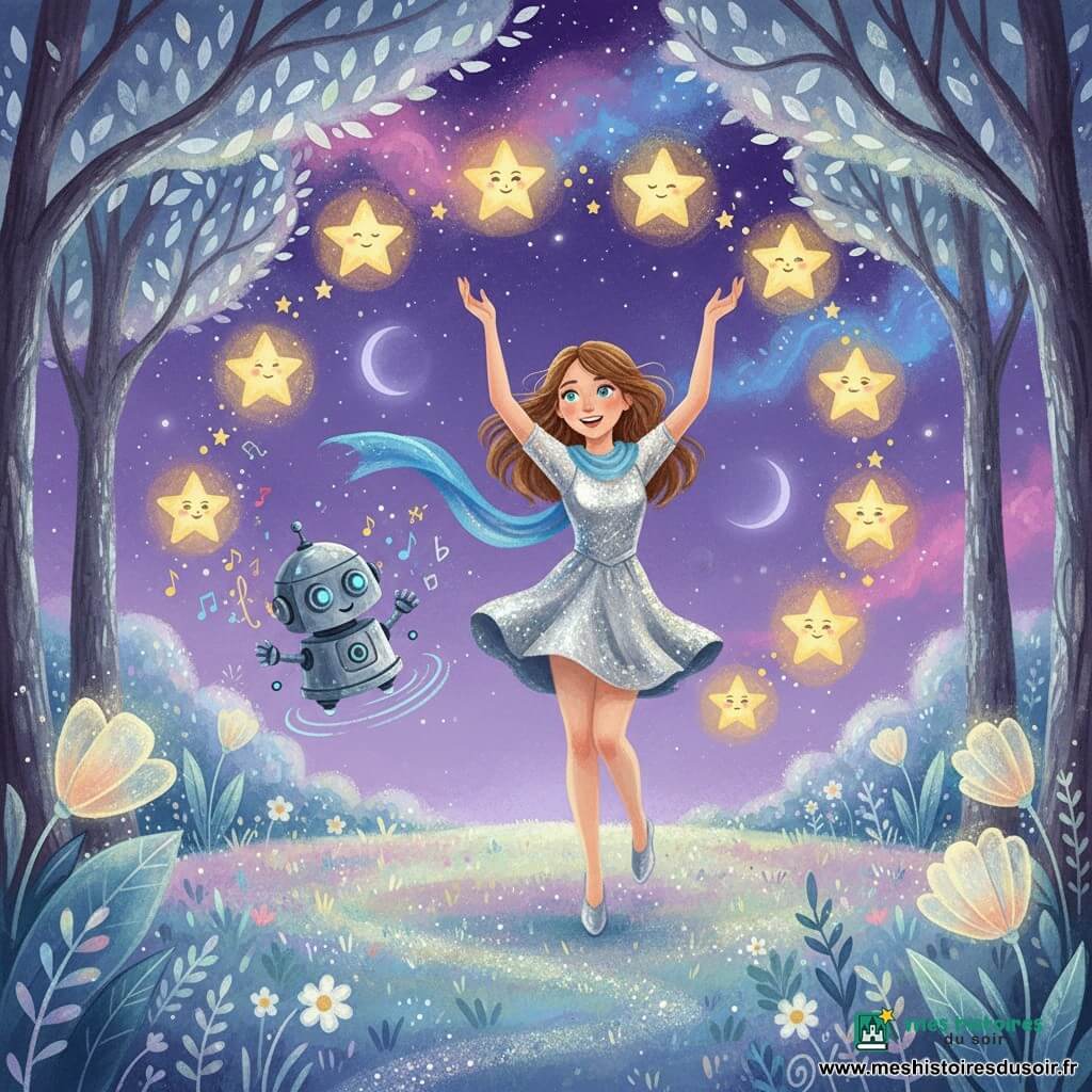 Élina, jeune femme souriante, danse au centre d'une clairière d'Astranolia en levant les bras, robe courte argentée scintillante et écharpe bleu comète flottant derrière elle ; Draxel, petit robot flottant aux yeux bleus, virevolte à sa gauche en projetant des notes musicales colorées et en filmant la scène ; un cercle d'étoiles flottantes souriantes l'entoure, émettant une lueur chaude qui éclaire l'herbe iridescente, les arbres aux feuilles argentées et les fleurs translucides ; ciel violet étoilé parsemé de nébuleuses roses et bleues avec deux lunes à l'horizon, ambiance magique et apaisante, lumière principale douce venant des étoiles chantantes, reflets argentés et textures gouache visibles, plan moyen en légère contre-plongée centré sur Élina.