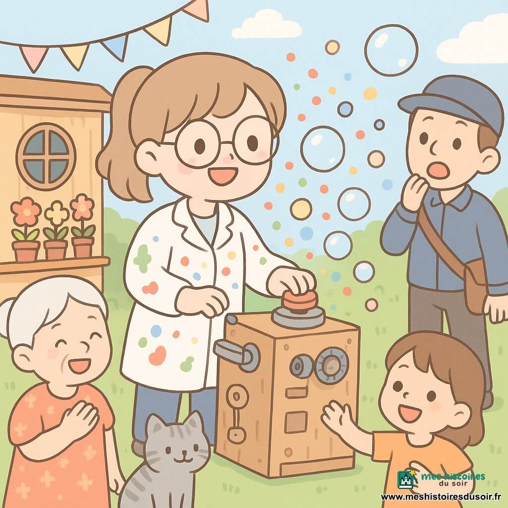 Lila, inventrice joyeuse aux cheveux châtain clair en couette et lunettes rondes un peu grandes, appuie sur un gros bouton rouge d'une machine bricolée en bois et métal en souriant, tandis que Léon, chat gris rayé, est enroulé sur une caisse près de la machine; à gauche Mme Dupont, femme âgée aux cheveux blancs en chignon et robe à fleurs, rit en tenant la main sur le cœur, à droite M. Paul, facteur à la casquette bleue et sac postal, recule surpris par des bulles qui éclatent sur son nez, devant deux enfants qui attrapent des bulles en riant; le jardin de quartier ensoleillé avec pelouse verte, petit atelier en bois aux fenêtres rondes, guirlandes et pots de fleurs sert de décor pendant que la machine envoie confettis multicolores et bulles translucides, ambiance chaleureuse et festive aux couleurs pastel, composition centrée sur Lila et sa machine, traits simples et formes rondes.