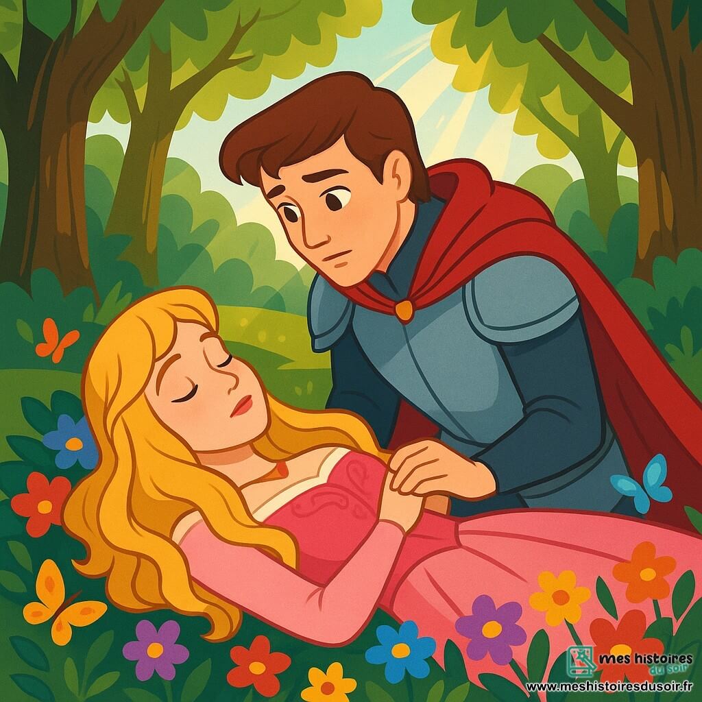 Au centre de l'image, la Belle au bois dormant, une jeune fille d'environ 18 ans, est allongée sur un lit de fleurs colorées dans une forêt enchantée. Ses longs cheveux dorés entourent son visage paisible, et elle porte une robe de satin rose. À ses côtés, un prince charmant d'environ 20 ans, avec des cheveux bruns, se penche sur elle avec une expression d'amour. Il porte une armure scintillante et tient délicatement sa main, espérant la réveiller. En arrière-plan, la forêt est luxuriante, avec des arbres épais et des rayons de soleil filtrant à travers les branches. Des fleurs et des papillons ajoutent une touche de magie. La scène montre le prince prêt à embrasser la Belle au bois dormant pour la réveiller, symbolisant l'amour véritable.