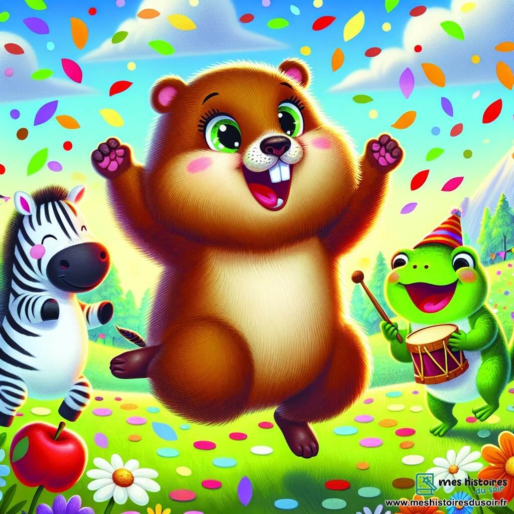 Une marmotte brune et joyeuse saute au centre, entourée de confettis. À droite, un zèbre souriant danse avec des pommes rouges. À gauche, une grenouille verte bat la mesure avec un tambour. En arrière-plan, une prairie ensoleillée avec des fleurs et des arbres crée une ambiance festive. Ils célèbrent ensemble une fête joyeuse sous un ciel bleu.
