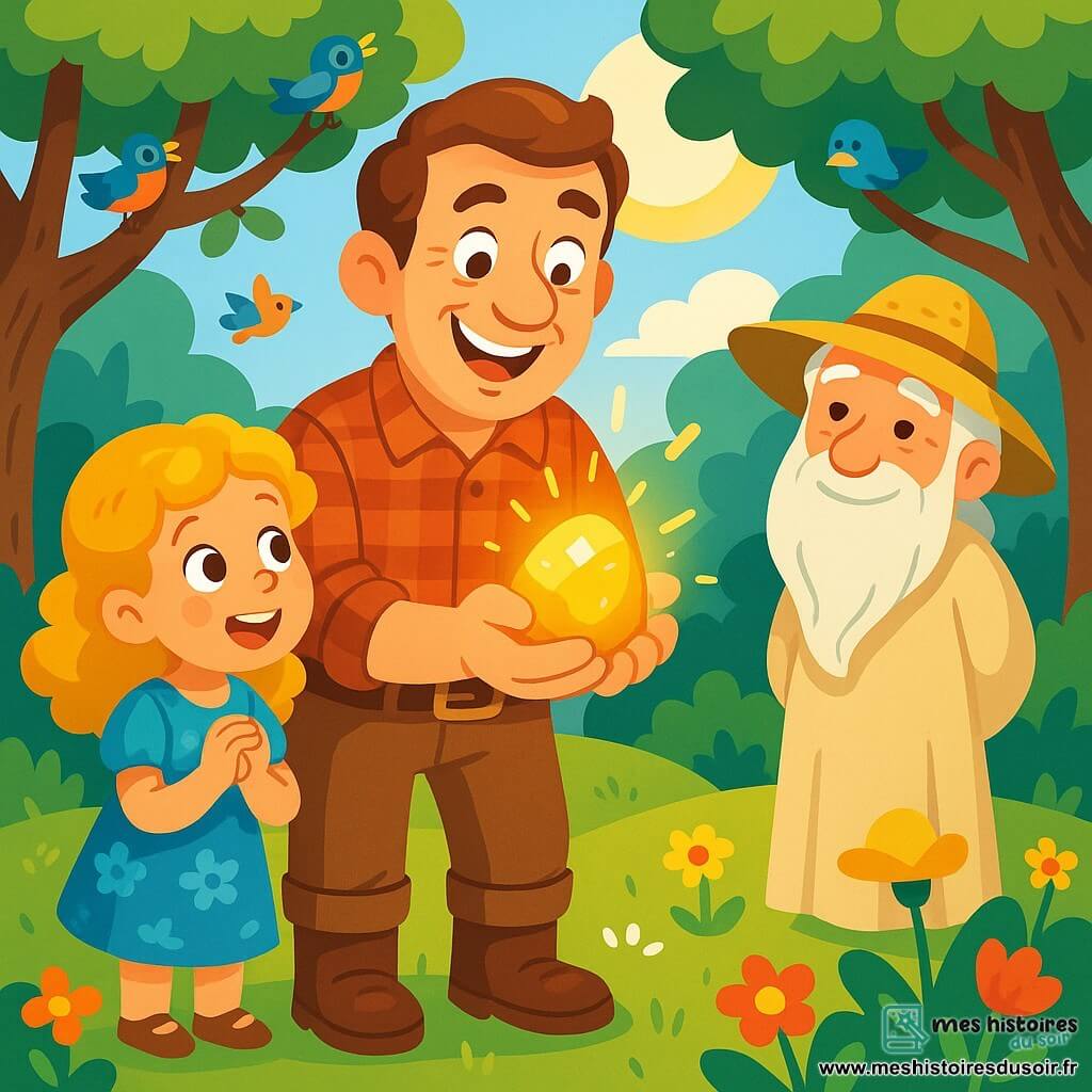 Antoine, un homme d'une quarantaine d'années au sourire chaleureux, tient une pierre brillante émettant une douce lueur dorée, la regardant avec émerveillement. À ses côtés, une petite fille de 8 ans, aux cheveux bouclés et dorés, admire la scène. Un vieux sage, avec une longue barbe blanche, les observe avec bienveillance. La scène se déroule dans une clairière ensoleillée, entourée de chênes majestueux et de fleurs colorées, où des oiseaux chantent. Antoine s'apprête à exaucer un vœu pour la petite fille, tandis que le sage les observe, prêt à partager sa sagesse.