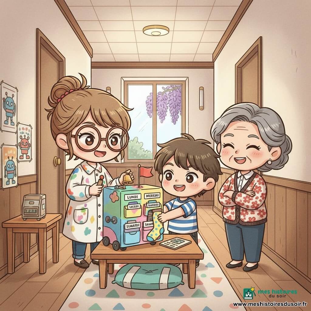 Mina, inventrice souriante et concentrée, chignon désordonné, lunettes rondes, blouse manches retroussées tachée de peinture, tient une petite manette en bois et regarde fièrement un Calendrier‑Distributeur coloré sur une petite table basse; Tom, garçon d'environ 8 ans, cheveux en bataille, t‑shirt rayé et sourire émerveillé, tend une chaussette à pois vers la fente du distributeur à côté de Mina; Madame Picot, voisine d'environ 60 ans en gilet à motifs floraux, observe en riant doucement, mains croisées, debout légèrement en arrière à droite; couloir d'immeuble lumineux aux murs crème et plinthes en bois, tapis étroit à motifs géométriques, petite table scotchée au sol, affiches enfantines et fenêtre laissant entrer une lumière douce avec une glycine visible; machine en carton solide peinte de pastel, pochettes étiquetées Lundi–Dimanche, cloche dorée sur le dessus, petit drapeau rouge qui se lève, petites roues sûres et coussin de sécurité scotché devant la table; scène joyeuse et paisible, composition centrée sur la table et le distributeur, couleurs vives et contrastées, textures papier et bois visibles, expressions chibi kawaii exagérées, ambiance chaleureuse et inventive.