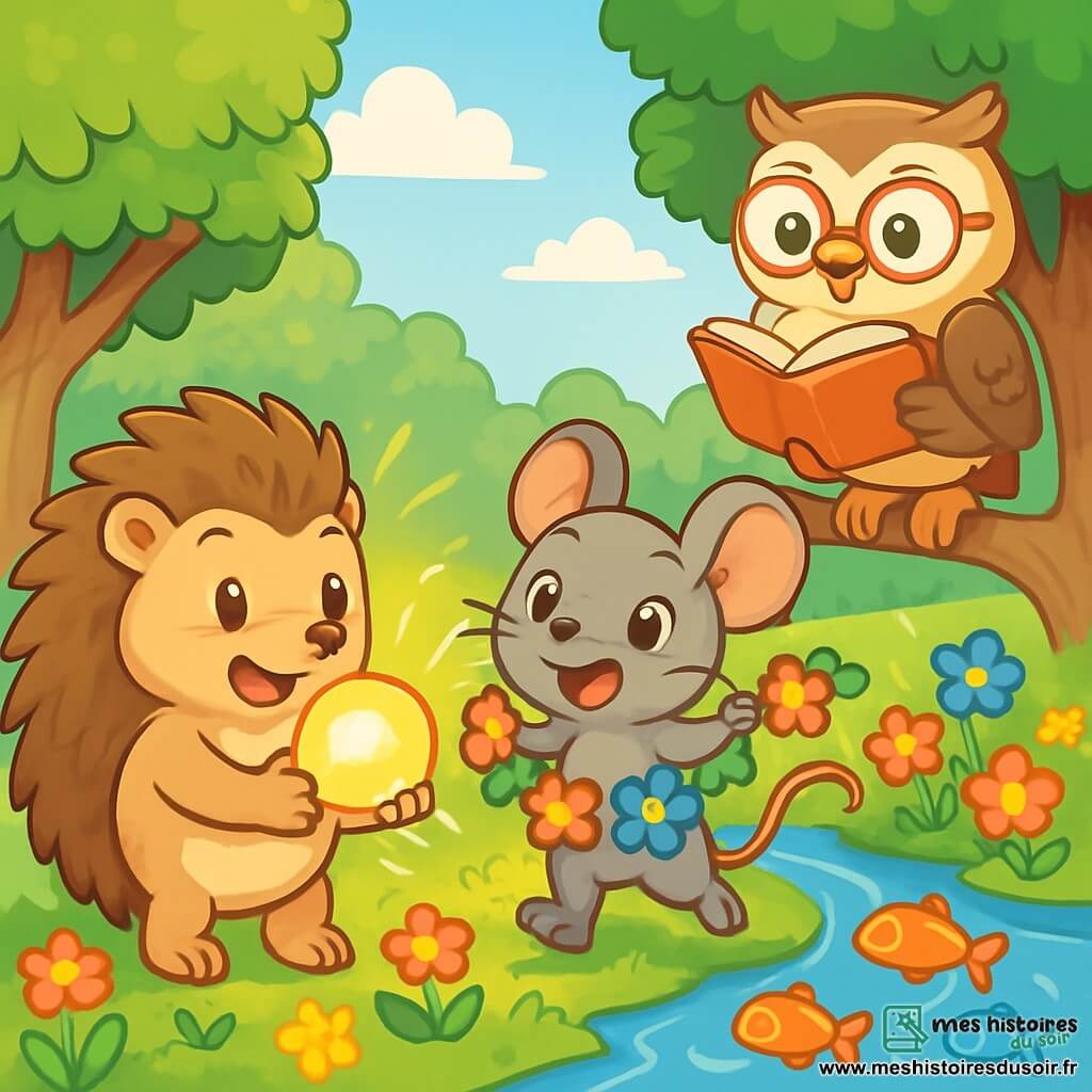 Hugo le hérisson, avec son pelage brun et ses piquants doux, se tient au bord d'une rivière scintillante, souriant joyeusement. Il tient un Grain-de-Matin dans ses pattes, prêt à l'utiliser. À côté de lui, Lina la souris, avec sa fourrure grise et ses grandes oreilles, saute de joie, tenant une guirlande de fleurs colorées. En arrière-plan, Olga la chouette, avec ses plumes crème et ses lunettes rondes, observe la scène depuis une branche, feuilletant un livre ancien. La clairière ensoleillée est entourée d'arbres verts et de fleurs multicolores, tandis que la rivière reflète le ciel. Hugo et ses amis se préparent pour le concours de souffle de la rivière, entourés de rires et de couleurs.