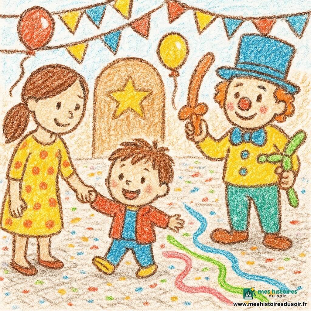 Un garçon de 2 ans, souriant, cheveux bruns en bataille et petite veste rouge, tend la main vers des rubans colorés près de ses chaussures ; sa mère à gauche, cheveux longs attachés et robe à pois, lui tient la main, et un clown ami à droite, grand chapeau bleu et nez rond, agite des ballons en forme d’animaux ; la scène se déroule dans une rue de carnaval pavée couverte de confettis, fanions et ballons rouges et jaunes, avec une grande porte en carton décorée d’une étoile dorée en arrière-plan ; trois chemins rigolos rose, vert et bleu, semblables à des rubans, apparaissent au sol près des chaussures du garçon, éclairage doux et atmosphère joyeuse.