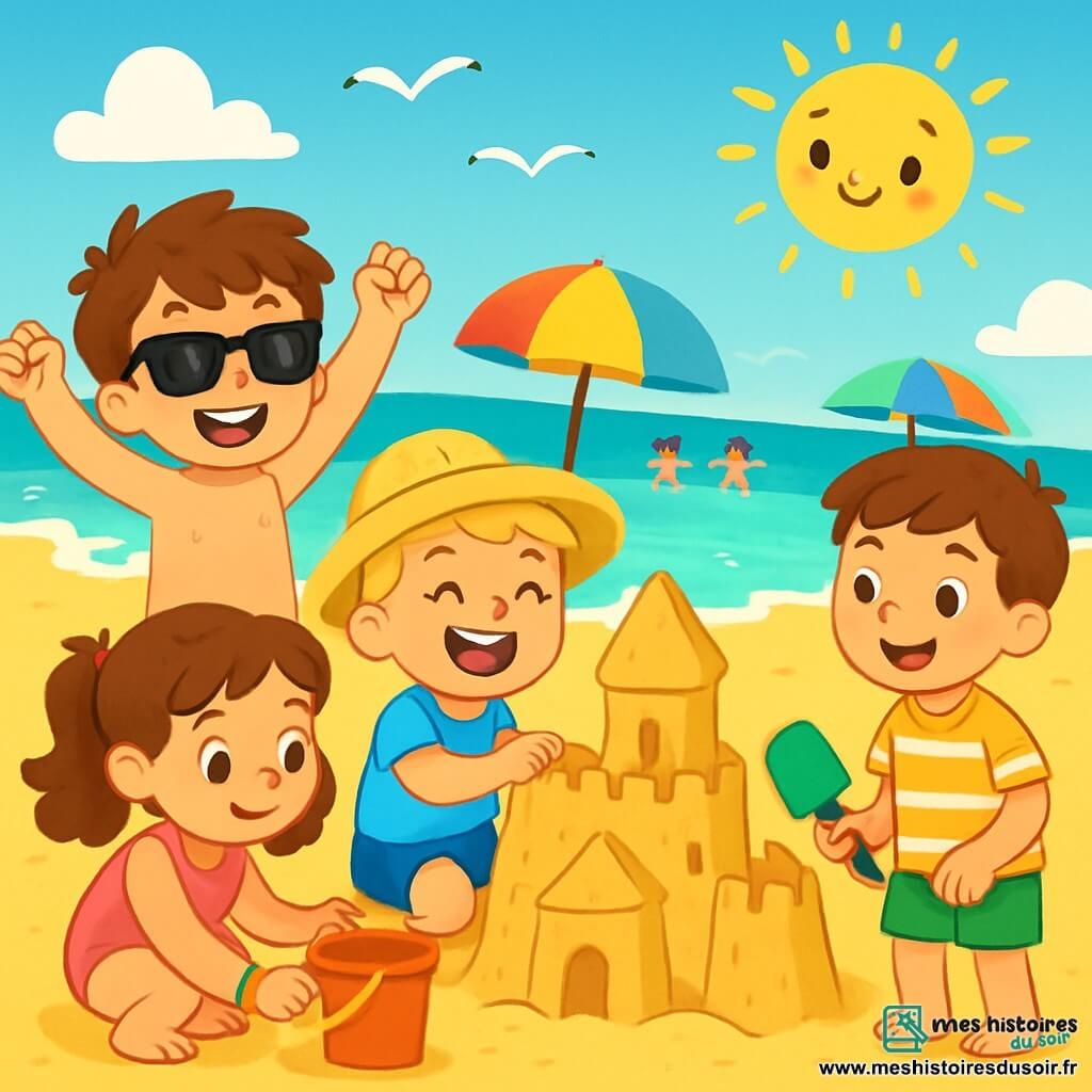 Quatre enfants sont présents sur une plage ensoleillée : Antoine, un garçon de 5 ans avec des cheveux bruns, porte un maillot de bain rouge et des lunettes de soleil, debout sur le sable en signe de victoire. Lucas, également âgé de 5 ans, a des cheveux blonds et une canne pour marcher, il est assis sur le sable en riant, vêtu d'un maillot bleu et d'un chapeau de paille. Léa, une fille de 5 ans avec des cheveux longs et bouclés, porte un maillot rose et creuse le sable avec un seau. Tom, un garçon de 5 ans avec des cheveux châtains, est à côté de Léa, prêt à construire un château de sable. La scène est animée par des vagues turquoise, des parasols colorés et d'autres enfants jouant dans l'eau. Antoine et Lucas, entourés de Léa et Tom, s'amusent à construire un grand château de sable sous le soleil.