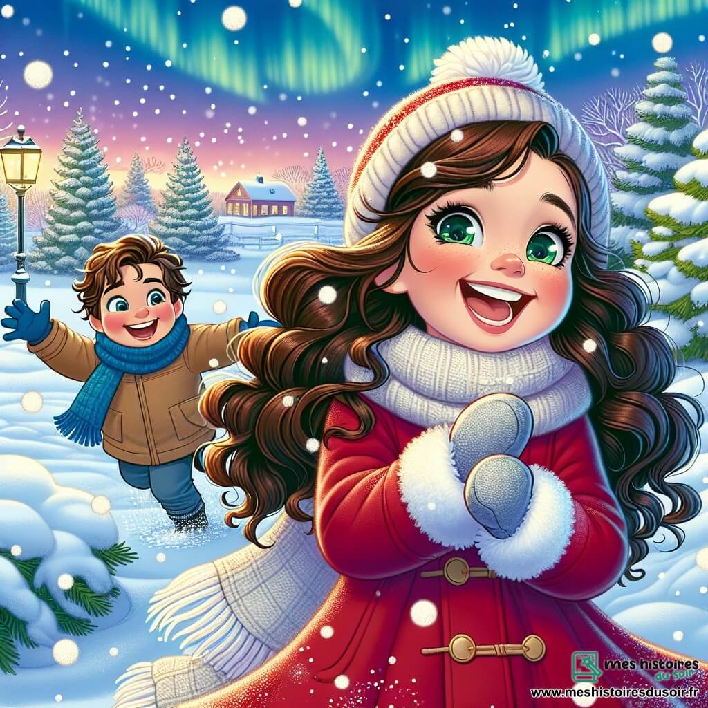Clara, une petite fille de 8 ans aux longs cheveux bruns bouclés et aux yeux pétillants, porte un manteau rouge vif, des gants et une écharpe en laine. Elle sourit émerveillée en regardant les flocons de neige tomber. À côté d'elle, son frère Lucas, 10 ans, avec des cheveux châtains et une écharpe bleue, rit en lançant une boule de neige. Le jardin hivernal est recouvert de neige scintillante, et le ciel présente des couleurs pastel avec des aurores boréales. La scène illustre Clara et Lucas en pleine bataille de boules de neige, remplie de rires et de joie, évoquant la magie de l'hiver.