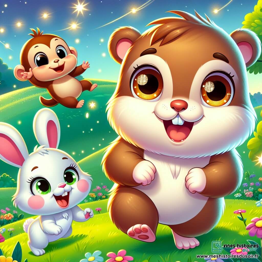 Une petite marmotte nommée Momo, avec un pelage brun doux et des yeux pétillants, saute joyeusement dans un champ verdoyant, souriante. À côté d'elle, une lapine blanche, Léa, la regarde avec amusement, prête à bondir. Un singe espiègle, Max, se balance d'une branche, riant en les observant. Le cadre est un champ sous un ciel étoilé, avec des fleurs colorées et des lucioles scintillantes. Momo et ses amis s'amusent ensemble, prêts à s'échapper du zoo pour rejoindre la fête des étoiles, remplis d'excitation et de joie.