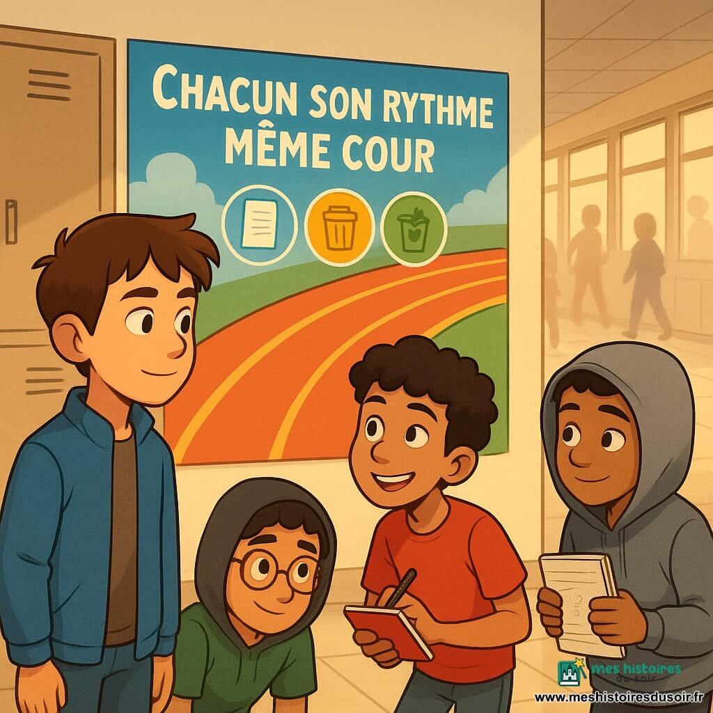 Quatre garçons d’environ 12 ans — Malo, châtain, veste bleue, debout à gauche en protecteur discret ; Nino, peau claire, cheveux bouclés, t‑shirt rouge, carnet et feutre, sourire malicieux ; Sami, peau olive, lunettes rondes, t‑shirt vert, assis ou accroupi, rit doucement ; Ilyès, origine maghrébine, capuche grise partiellement baissée, timide mais attentif, tient un carnet de dessins — sont réunis dans le hall du collège devant une grande affiche intitulée « Chacun son rythme, même cour » montrant une piste d’athlétisme et des icônes de tri; sol carrelé beige, murs crème et lumière douce, ambiance chaleureuse et inclusive exprimant tolérance et bienveillance.