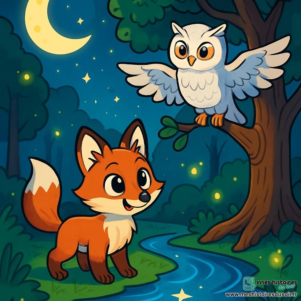 Un jeune renard au pelage roux, avec de grands yeux brillants et une queue touffue, se tient au bord d'un ruisseau scintillant sous la lune. Il semble curieux, observant les reflets des étoiles dans l'eau. À ses côtés, une chouette majestueuse au plumage blanc, perchée sur une branche, le regarde avec des yeux dorés pleins de sagesse. La scène se déroule dans une clairière enchantée, entourée de grands arbres dont les feuilles bruissent dans le vent nocturne, tandis que des lucioles dansent autour d'eux. Le renard, émerveillé, fait un pas en avant, prêt à découvrir les merveilles de la nuit, tandis que la chouette l'observe avec bienveillance.