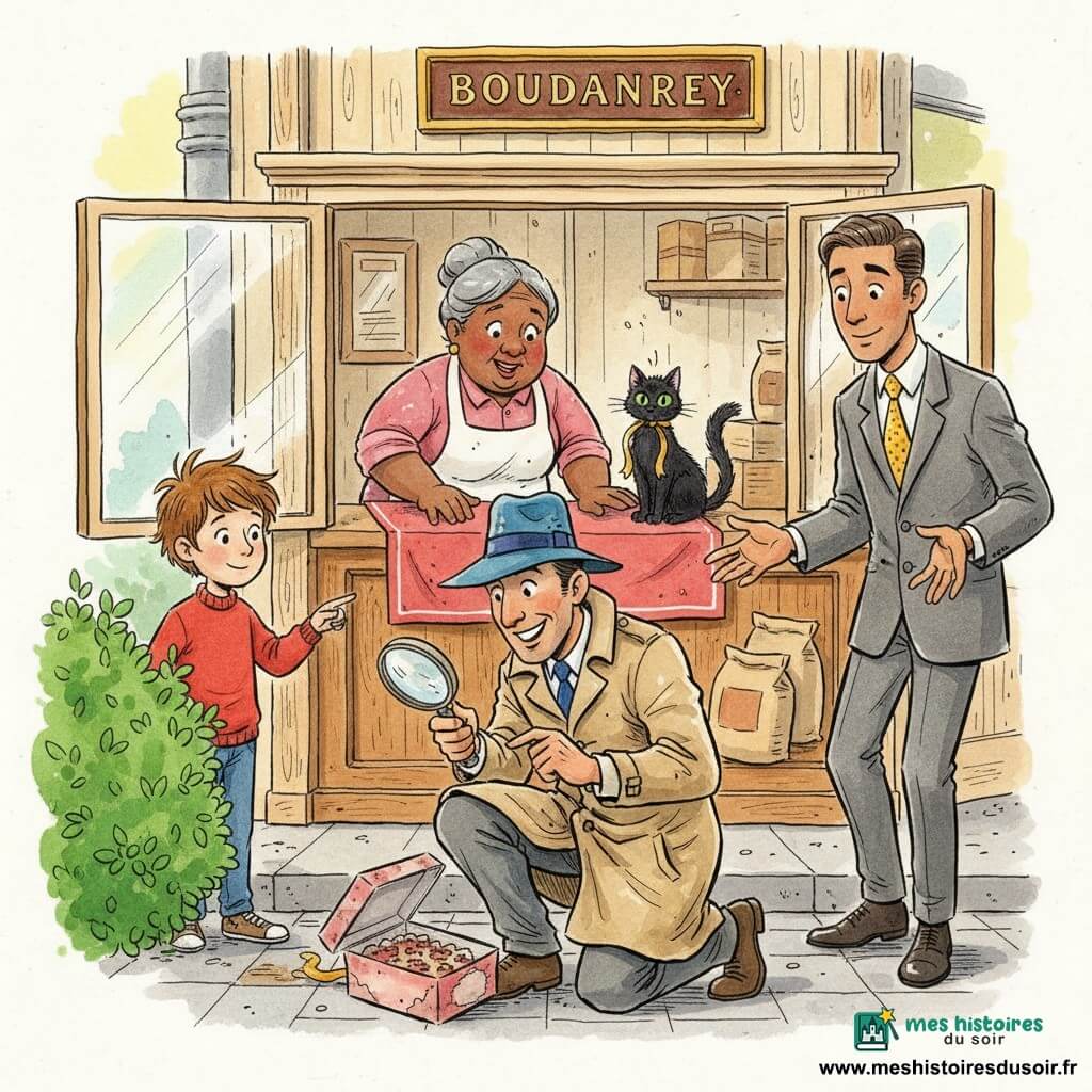 Un détective d'une quarantaine d'années, souriant et concentré, en chapeau bleu à large bord et trench-coat beige froissé, s'accroupit devant une boîte à gâteaux vieillie en tenant une grande loupe brillante; autour de lui, une boulangère chaleureuse d'une cinquantaine d'années, ronde, cheveux gris en chignon et tablier fariné, se tient derrière son comptoir en bois, étonnée, un garçon de sept ans nommé Jules au pull rouge pointe vers le buisson à gauche, et Victor, un homme élégant d'environ 35 ans en costume gris et cravate jaune, se tient à droite, les mains ouvertes en signe d'innocence; un chat noir aux yeux verts nommé Caramel est perché sur le comptoir avec un ruban doré entre les pattes; la scène a lieu devant la vitrine d'une petite boulangerie ancienne à façade crème, trottoir pavé et buisson proche, lumière douce du matin, style encre colorée aux traits nets et lavis d'aquarelle.