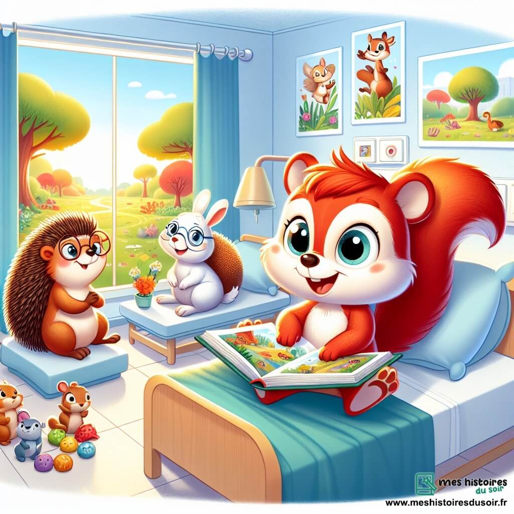 Dans une chambre d'hôpital lumineuse, un petit écureuil roux nommé Léo est assis sur son lit, entouré de peluches colorées. Il admire un livre ouvert avec des images d'aventures forestières. À ses côtés, un hérisson nommé Max, portant des lunettes rondes, lui raconte une histoire captivante, tandis qu'une lapine blanche nommée Nina écoute attentivement, prête à partager ses propres récits. La chambre est décorée de dessins d'animaux et de fleurs, avec une grande fenêtre laissant entrer la lumière du soleil. Léo, Max et Nina vivent un moment de partage joyeux, où l'amitié et l'imagination les transportent au-delà des murs de l'hôpital.