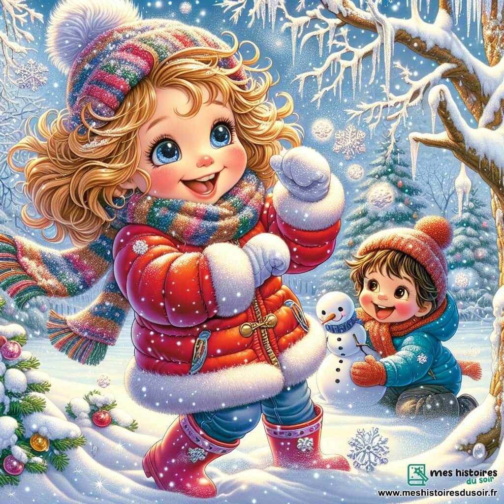 Lila, une petite fille de 7 ans aux cheveux bouclés et dorés, sourit en secouant une branche d'arbre couverte de neige, faisant tomber des flocons scintillants. Elle porte une doudoune rouge, des bottes en caoutchouc et une écharpe colorée. À ses côtés, son petit frère Lucas, âgé de 5 ans, rit en essayant d'attraper les flocons avec sa langue, vêtu d'une combinaison bleue et d'un bonnet en tricot. Ils se trouvent dans un jardin enchanté, avec des arbres majestueux chargés de neige et un sol scintillant. Ils construisent un bonhomme de neige joyeux, Monsieur Flocon, tout en s'amusant ensemble, leurs rires résonnant dans l'air frais de l'hiver.
