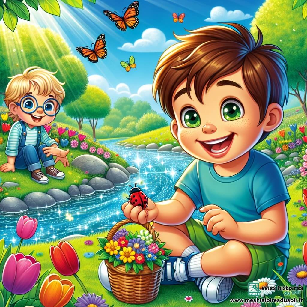 Un garçon de 8 ans, Lucas, avec des cheveux châtains et des yeux pétillants, est assis au bord d'un ruisseau, souriant. Il porte un t-shirt bleu et un short vert, tenant un panier de fleurs colorées. À côté de lui, son ami Thomas, également 8 ans, avec des cheveux blonds et des lunettes rondes, observe une coccinelle sur une feuille, émerveillé. Ils se trouvent dans un parc verdoyant, lumineux, avec des arbres en fleurs et un ciel bleu parsemé de nuages. Lucas et Thomas explorent, entourés de la beauté du printemps, riant et profitant de la nature, tandis que des papillons volent autour d'eux.