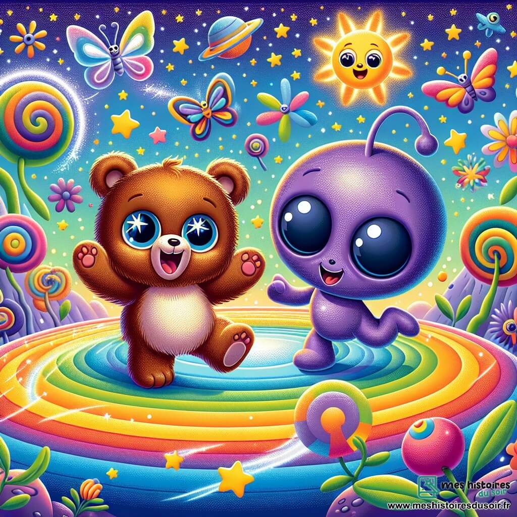 Un ours brun danse joyeusement sur une planète colorée, les bras levés vers le ciel, exprimant sa joie. À ses côtés, un extraterrestre violet l'encourage en dansant, partageant son bonheur. En arrière-plan, des arbres en spirale aux feuilles multicolores et des fleurs créent une atmosphère magique, tandis que des papillons géants et des poissons volants flottent autour d'eux. La scène montre une célébration où l'ours et l'extraterrestre chantent ensemble, dispersant une poussière d'étoile scintillante.