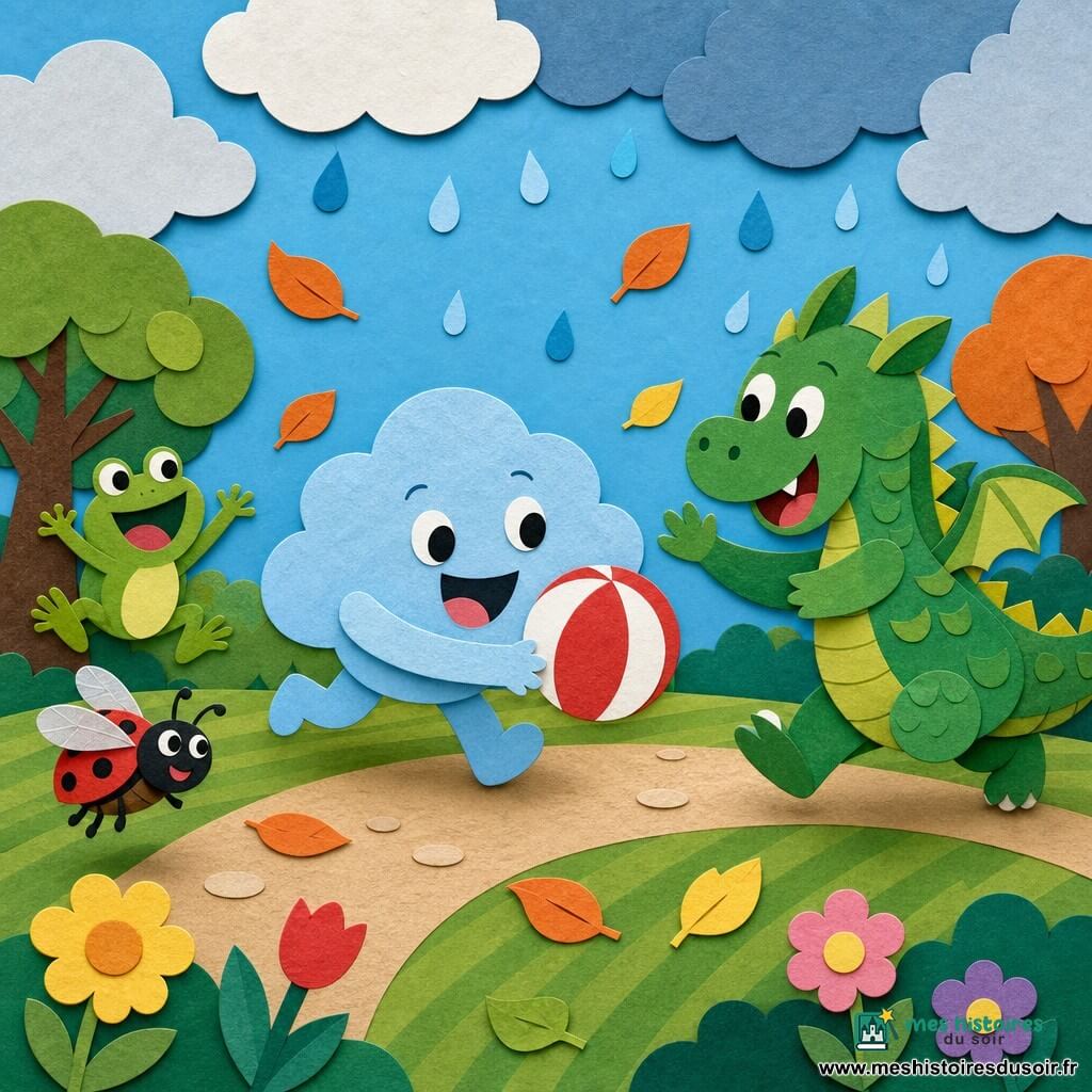 Petit Nuage bleu, nuage rond bleu ciel au sourire large, court en tenant une balle rouge et blanche; un gros dragon vert joyeux court à droite pour l'attraper; à gauche, une grenouille qui saute et une coccinelle qui vole; le parc en papier découpé montre herbe verte, feuilles orange et jaunes, quelques fleurs et un chemin en kraft; des gouttes de pluie stylisées commencent à tomber; scène colorée, dynamique et lisible pour un enfant de 2 ans.