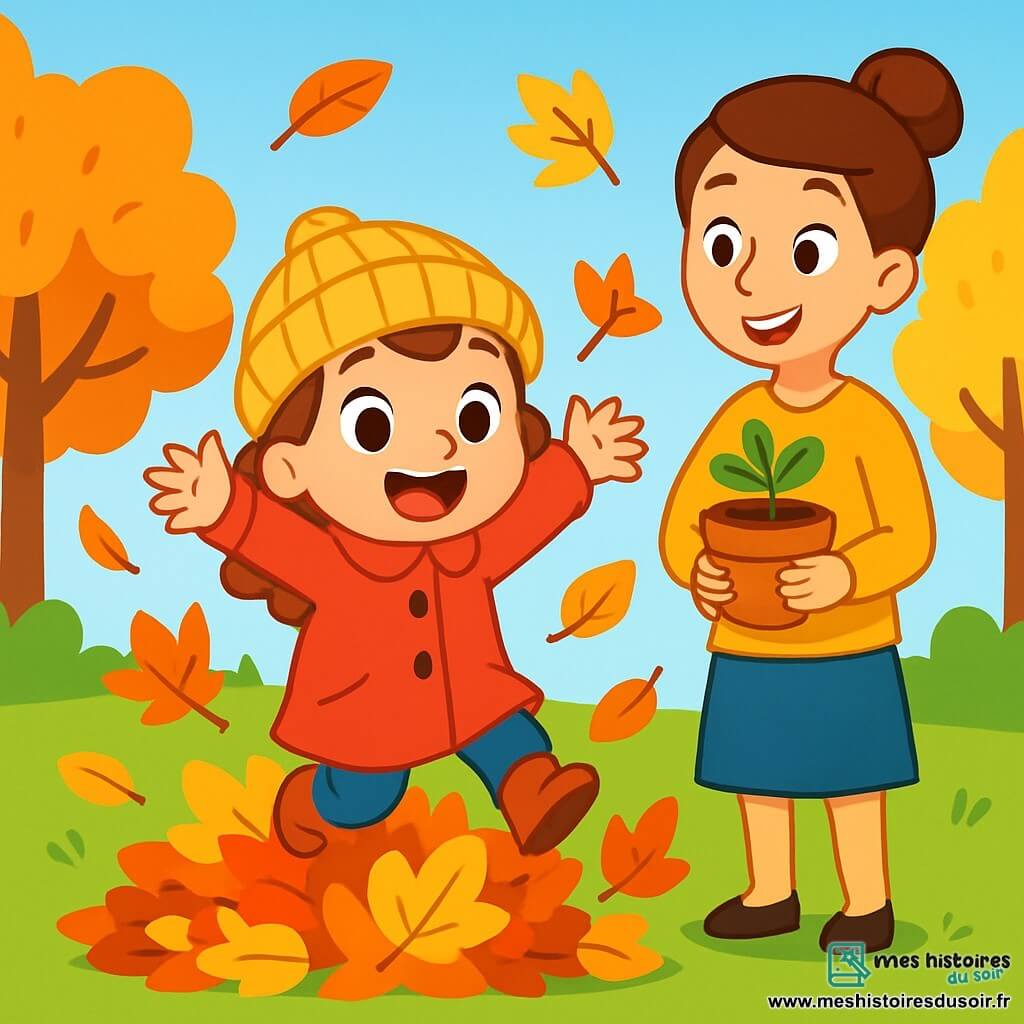 Zoé, une petite fille de 4 ans aux grands yeux brillants et au sourire joyeux, porte un manteau rouge et un bonnet en laine jaune. Elle saute dans un tas de feuilles d'automne, les bras écartés, entourée de feuilles jaunes, oranges et rouges. À côté d'elle, sa maman d'environ 30 ans, avec des cheveux bruns en chignon, sourit en tenant une petite plante en pot. Elles se trouvent dans un jardin ensoleillé, avec des arbres aux couleurs automnales éclatantes et un ciel bleu clair. Zoé s'amuse dans les feuilles, pleine de joie, tandis que sa maman l'observe avec tendresse.