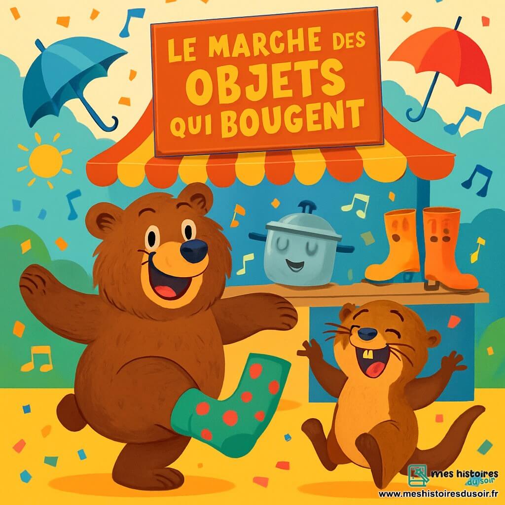 Un ours jovial nommé Barnabé se tient au centre de la scène, souriant et pétillant de joie. Il porte une chaussette verte à pois roses sur sa patte droite et chante en dansant. À ses côtés, Lili la loutre rit aux éclats, les pattes levées, comme si elle dansait. En arrière-plan, le Marché des Objets Qui Bougent est animé, avec des casseroles dansant, des parapluies volant et des bottes chantant. La scène est colorée et festive, remplie de confettis. Barnabé raconte une histoire drôle, provoquant des rires chez les animaux présents.