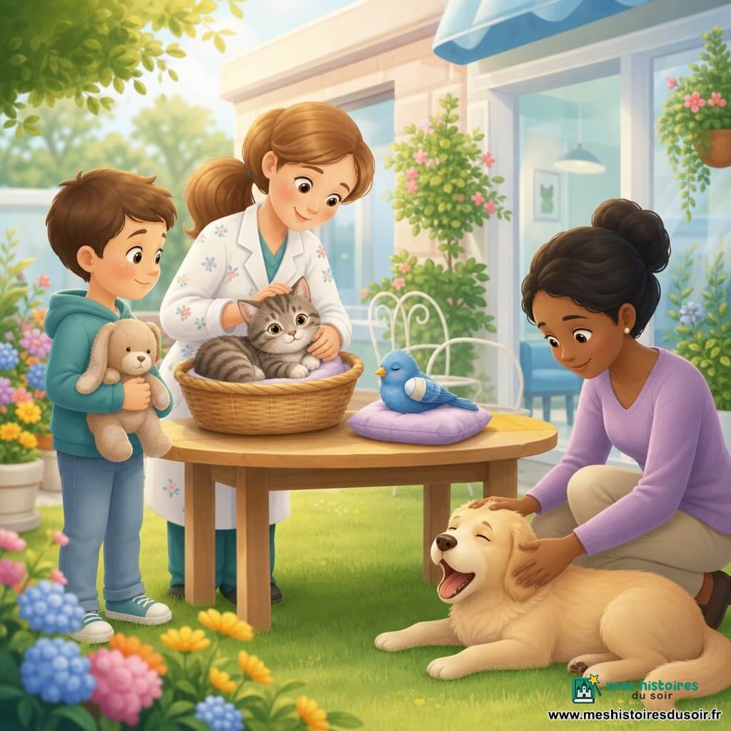 Une vétérinaire souriante aux cheveux châtain clair en queue de cheval, en blouse blanche à petites fleurs, caresse délicatement un chaton gris tigré ronronnant dans un panier tandis qu'un petit oiseau bleu bandé est perché sur un coussin, un garçon d'environ 6 ans tenant une peluche se tient à gauche, la propriétaire au chignon caresse un chien beige couché à droite ; décor : petit jardin-terrasse de clinique avec herbe courte, plates-bandes fleuries, table en bois, chaise blanche et pancarte "Clinique vétérinaire", lumière douce du matin, couleurs pastel avec touches vives, atmosphère calme et protectrice, style graphique simple et arrondi adapté aux enfants de 4 ans.