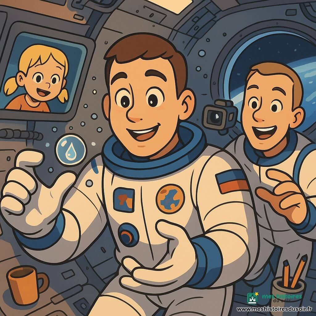 Un astronaute d'environ 30 ans au visage rond et cheveux bruns courts, sourire émerveillé, en combinaison spatiale blanche et bleue avec écussons, tient une petite capsule transparente contenant une goutte d'eau lumineuse; un coéquipier d'environ 28 ans, peau claire et coupe en brosse, joyeux, tend la main vers la goutte et filme avec une petite caméra flottante en arrière-plan à droite; une petite sœur d'environ 8 ans, cheveux blonds en couette, yeux écarquillés et sourire, apparaît sur un écran vidéo encadré flottant; intérieur d'un module de station spatiale aux cloisons métalliques, câbles et panneaux lumineux, hublots ronds montrant la Terre et des nuages, objets du quotidien flottants; au centre, une goutte d'eau parfaite et brillante entourée de minuscules bulles, les deux astronautes observent et enregistrent sa lente danse dans une ambiance calme, lumineuse, aux couleurs vives et ombres nettes en cel-shading.