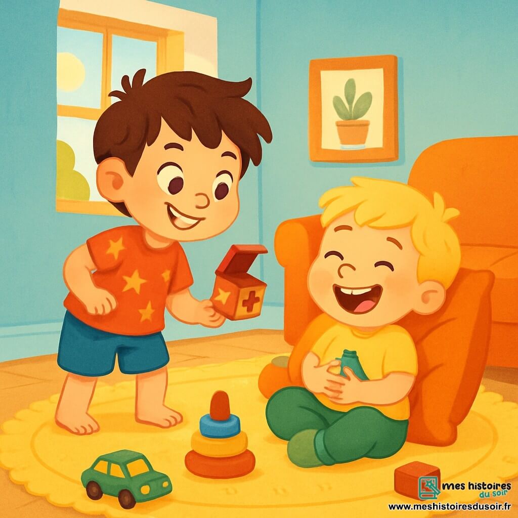 Il y a deux personnages principaux : Léo, un garçon de 6 ans avec des cheveux bruns en bataille et un grand sourire, portant un t-shirt rouge et des shorts bleus, et Max, un garçon de 4 ans avec des cheveux blonds et des yeux malicieux, vêtu d'un t-shirt jaune et de pantalons verts. Ils se trouvent dans un salon chaleureux, avec un grand tapis moelleux et des jouets éparpillés. Léo et Max préparent une farce amusante, Léo tenant une boîte à surprises et Max se cachant derrière un coussin, prêt à rire.