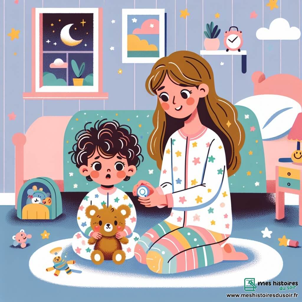 Une petite fille d'un an, avec de grands yeux brillants et des cheveux bouclés, est assise sur un tapis doux dans sa chambre, tenant son ours en peluche, Nounours. Sa maman, une femme d'environ 30 ans, est accroupie à côté d'elle, souriante, avec une lampe de poche, éclairant doucement la pièce. La chambre est décorée de murs pastel avec des étoiles et des nuages, et un grand lit avec des draps doux. Des jouets sont éparpillés sur le sol, et une fenêtre montre un ciel nocturne étoilé. La petite fille, d'abord effrayée par le noir, commence à sourire en découvrant les ombres dansantes créées par la lampe de poche, tandis que sa maman lui explique que le noir peut être amusant.