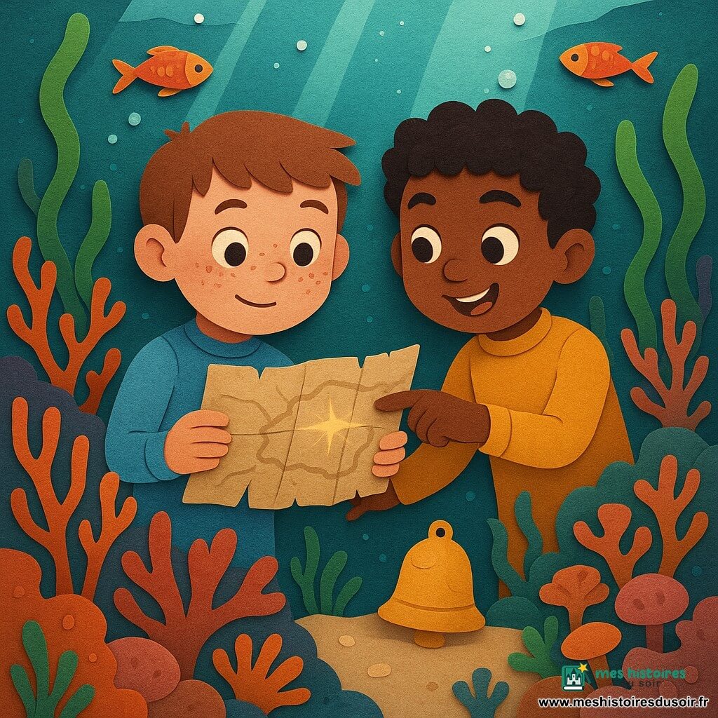 Deux garçons de 7 ans explorent un récif sous-marin coloré : Léo, cheveux bruns courts et taches de rousseur, en combinaison bleu clair, tient une vieille carte froissée à gauche, penché dessus ; Sami, cheveux noirs bouclés, en combinaison jaune moutarde, pointe un point doré sur la carte à droite, légèrement en retrait. Autour d’eux, coraux découpés (branches, éventails, champignons), longues algues rubanées, petits bancs de poissons aux écailles brillantes et une cloche de corail dorée posée sur un sable pâle ; l’eau bleu-vert lumineux laisse filtrer des rayons et des bulles, quelques poissons curieux et particules lumineuses renforcent l’ambiance d’aventure douce en papier découpé.