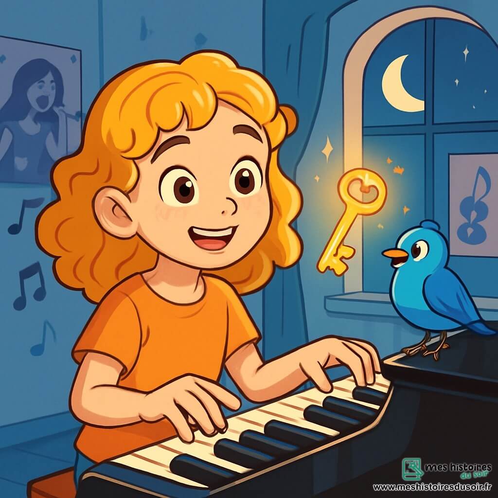 Une jeune fille nommée Lila, d'environ 10 ans, aux cheveux bouclés et dorés, est assise devant un piano noir. Elle sourit avec émerveillement, ses yeux pétillent de curiosité. Ses mains effleurent les touches du piano, tandis qu'une clé dorée scintillante flotte au-dessus. À côté d'elle, un petit oiseau bleu malicieux se tient sur le rebord de la fenêtre, l'observant avec bienveillance. La scène se déroule dans une chambre chaleureuse aux murs bleu pastel, décorée de posters de musiciens et de notes de musique flottant dans l'air. Une douce lumière de lune illumine la pièce, créant une ambiance magique. Lila découvre la clé dorée qui vibre et émet une mélodie enchanteresse, l'invitant à explorer le monde de la musique.