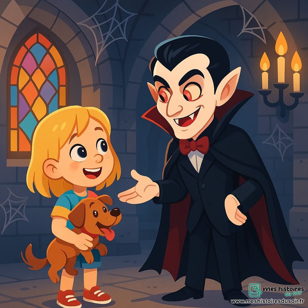 Un vampire élégant aux cheveux noirs et aux yeux rouges se tient dans un château sombre. Son visage fascinant et inquiétant est orné d'un sourire charmeur. Il porte une cape noire. À ses côtés, Alice, une fille de dix ans aux cheveux blonds, le regarde avec émerveillement, tenant son chien Max qui aboie joyeusement. Le château, vieux et majestueux, possède de grandes fenêtres en verre coloré, des murs en pierre grise et des chandeliers en fer forgé. Une lumière douce crée une atmosphère magique. Alice et le vampire discutent de secrets sur le monde magique, tandis que Max renifle le sol, ajoutant de la vie à la scène.