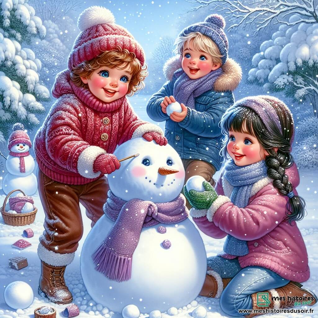 Lila, une petite fille de 5 ans aux cheveux bouclés et bruns, porte un gros pull rouge et s'amuse à façonner un bonhomme de neige dans un jardin enneigé. À ses côtés, Tom, un garçon de 6 ans avec des cheveux blonds en bataille, roule une boule de neige pour le corps du bonhomme, riant joyeusement. Sarah, également âgée de 5 ans avec des tresses noires, observe avec émerveillement. Le jardin est recouvert de neige scintillante, avec des arbres chargés de flocons et un ciel bleu clair. Les enfants créent ensemble un bonhomme de neige, capturant l'esprit joyeux de l'hiver.