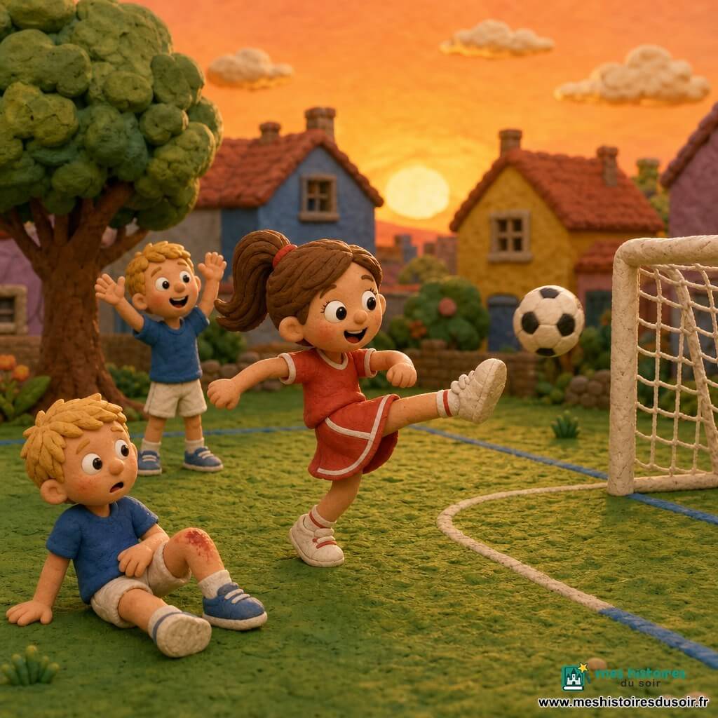 Lili, fille d’environ 9 ans, cheveux bruns en queue de cheval, porte une robe de sport rouge et des baskets blanches; elle sourit et donne un grand coup de pied à un ballon noir et blanc qui file vers le filet d’un petit terrain de football en herbe verte sous un ciel orangé de coucher de soleil, tandis qu’elle tend la main pour aider un ami d’environ 8 ans, tombé et légèrement éraflé, allongé sur l’herbe; Tom, garçon d’environ 9 ans aux cheveux blonds courts, se tient quelques pas derrière, bras levés en applaudissant; scène chaleureuse aux couleurs vives, textures lisses et légèrement granuleuses rappelant de la pâte à modeler.