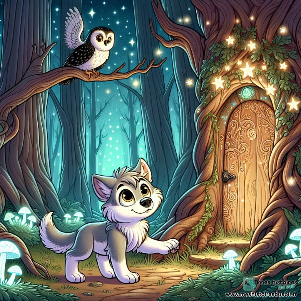 Un petit loup nommé Loupiot, avec un pelage gris clair et des yeux curieux, se tient devant une porte secrète en bois ornée de motifs mystérieux. Son expression est émerveillée et craintive, tandis qu'il tend une patte pour pousser la porte. À proximité, un hibou majestueux, aux plumes noires et aux yeux dorés, se perche sur une branche, observant Loupiot avec sagesse et protection, prêt à donner des conseils. Le décor est une forêt enchantée avec de grands arbres, un ciel étoilé, une brume légère et des champignons lumineux, créant une ambiance magique. Loupiot hésite devant la porte, prêt à entrer dans un monde inconnu, tandis que le hibou veille sur lui pour l'accompagner dans cette aventure.