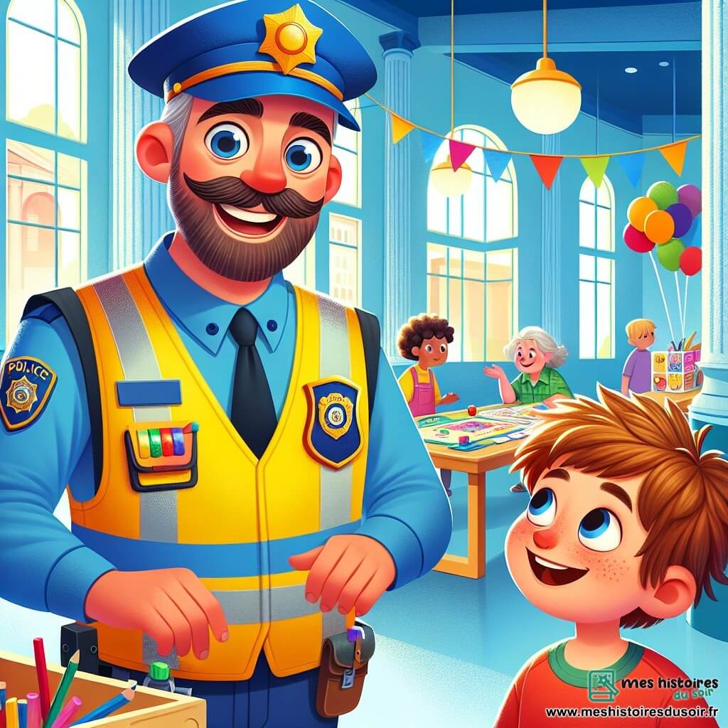 Monsieur Paul, un policier souriant d'une quarantaine d'années, porte une casquette bleue et un gilet jaune vif. Il prépare des jeux pour les enfants à la mairie. Léo, un garçon curieux de 8 ans avec des cheveux bruns en bataille et un t-shirt rouge, l'écoute avec émerveillement, impatient d'en apprendre plus sur le métier de policier. La scène se déroule dans une mairie lumineuse aux murs bleu clair, décorée de ballons et de jeux. Monsieur Paul explique avec enthousiasme son travail, tandis que Léo l'écoute attentivement, les yeux brillants d'excitation.