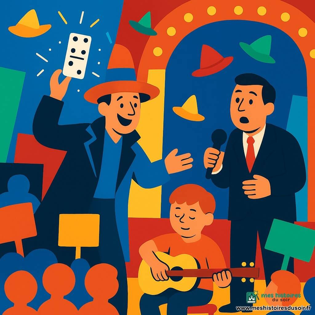 Monsieur Zigzag, un homme au visage jovial, porte un manteau trop grand et un chapeau changeant de couleur, lance son Domino Magique brillant dans l'air. À côté de lui, Monsieur Voix-Grave, un homme d'âge moyen avec une expression surprise, tient un micro sur la scène. Celle-ci est remplie de couleurs vives, avec des chapeaux en papier flottant et un garçon d'environ 10 ans jouant de la guitare avec des cuillères à l'avant. Le studio de télévision est décoré de lumières clignotantes et de pancartes colorées tenues par un public enthousiaste. La scène principale montre le moment où le Domino Magique de Monsieur Zigzag transforme un silence gênant en une explosion de rires et de créativité, avec des idées scintillantes autour des personnages.